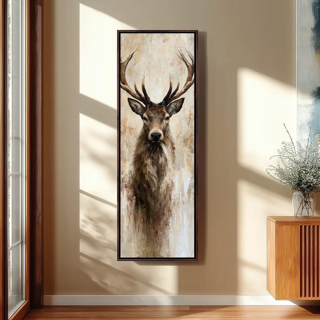 Stag portrait in soft neutrals long vertical canvas print in a sunlit living space