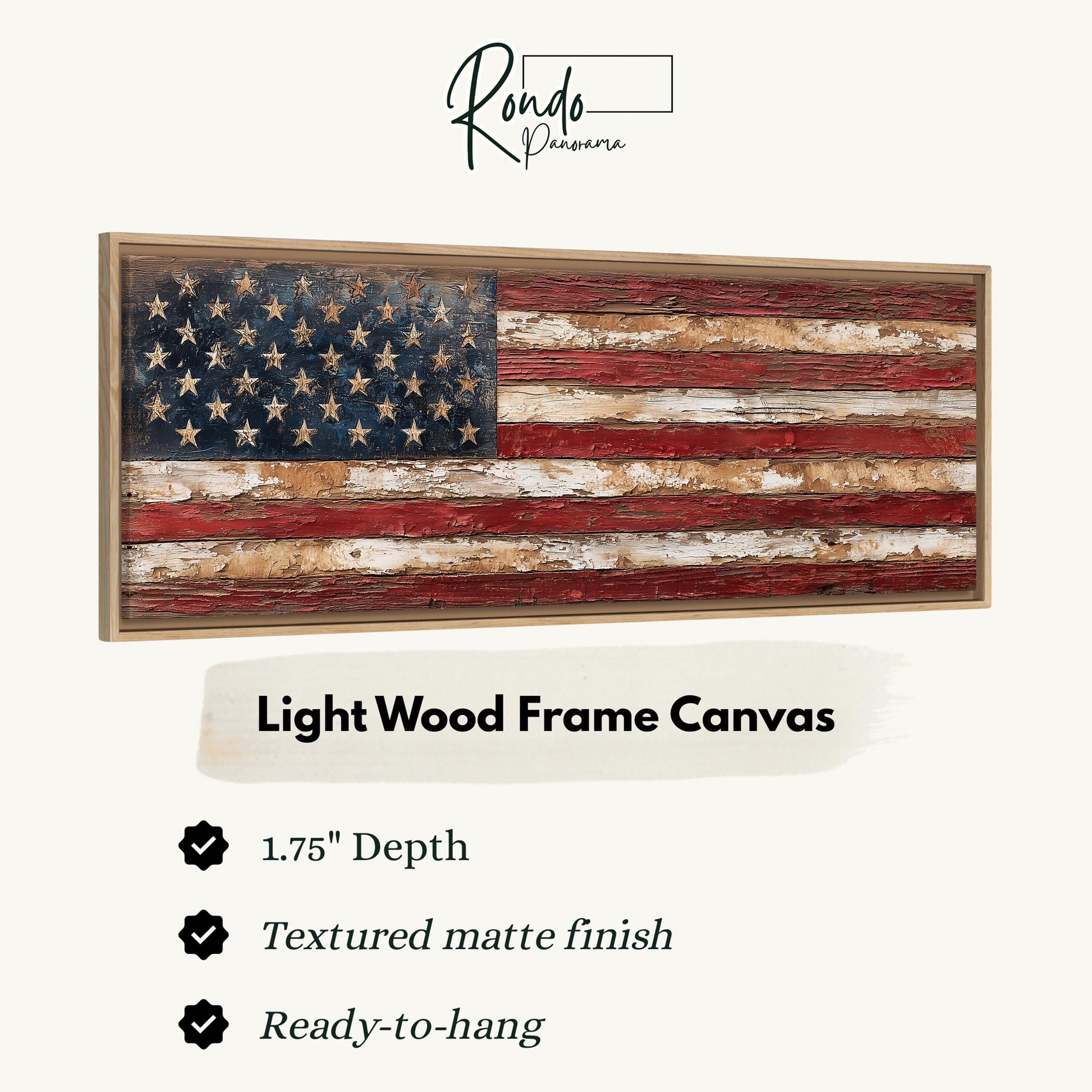 a light wood frame canvas depicting the American flag.