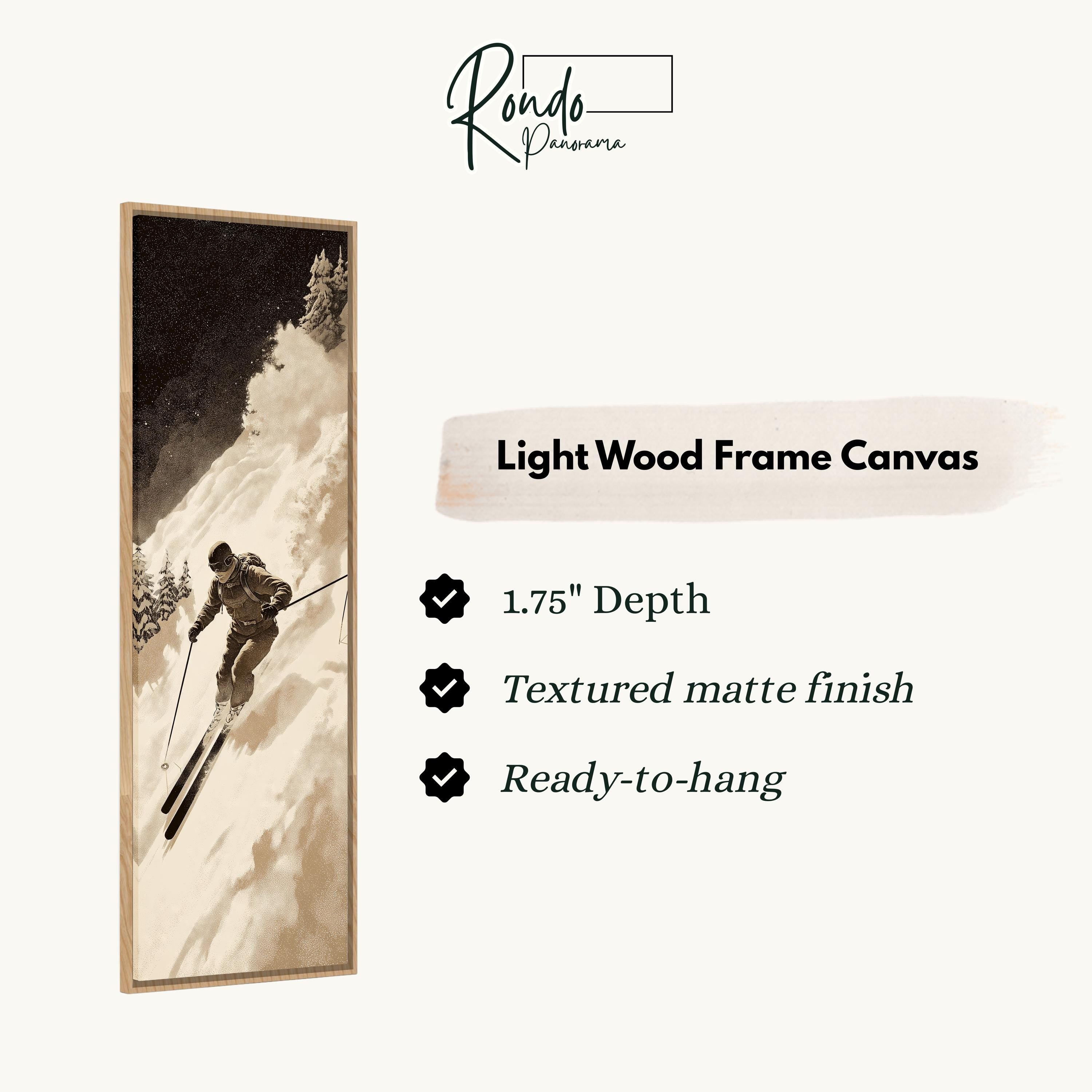 a skier in action, captured in a light wood frame canvas.