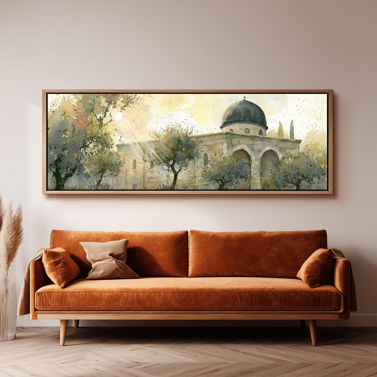 Sunlit dome in an olive grove panoramic canvas print above a sofa in a living room