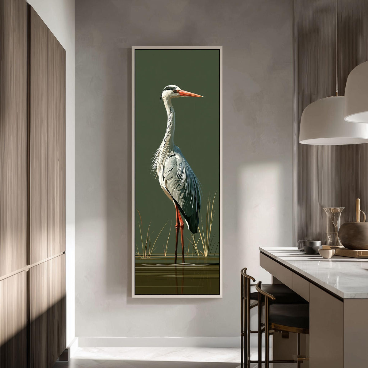 Grey heron standing on olive green tall skinny canvas print in a modern kitchen