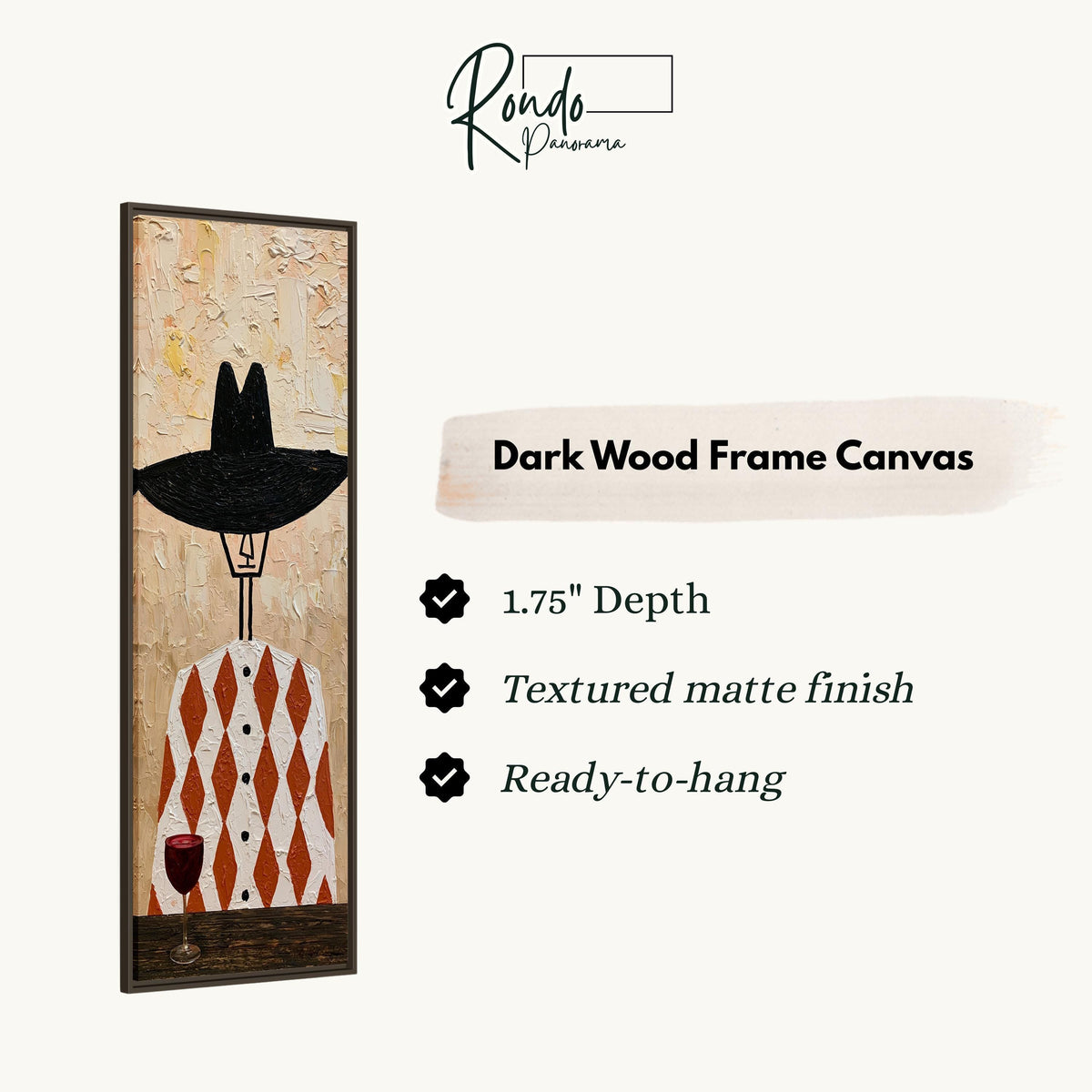 Folk figure in a black hat with red wine canvas print in a dark wood floating frame