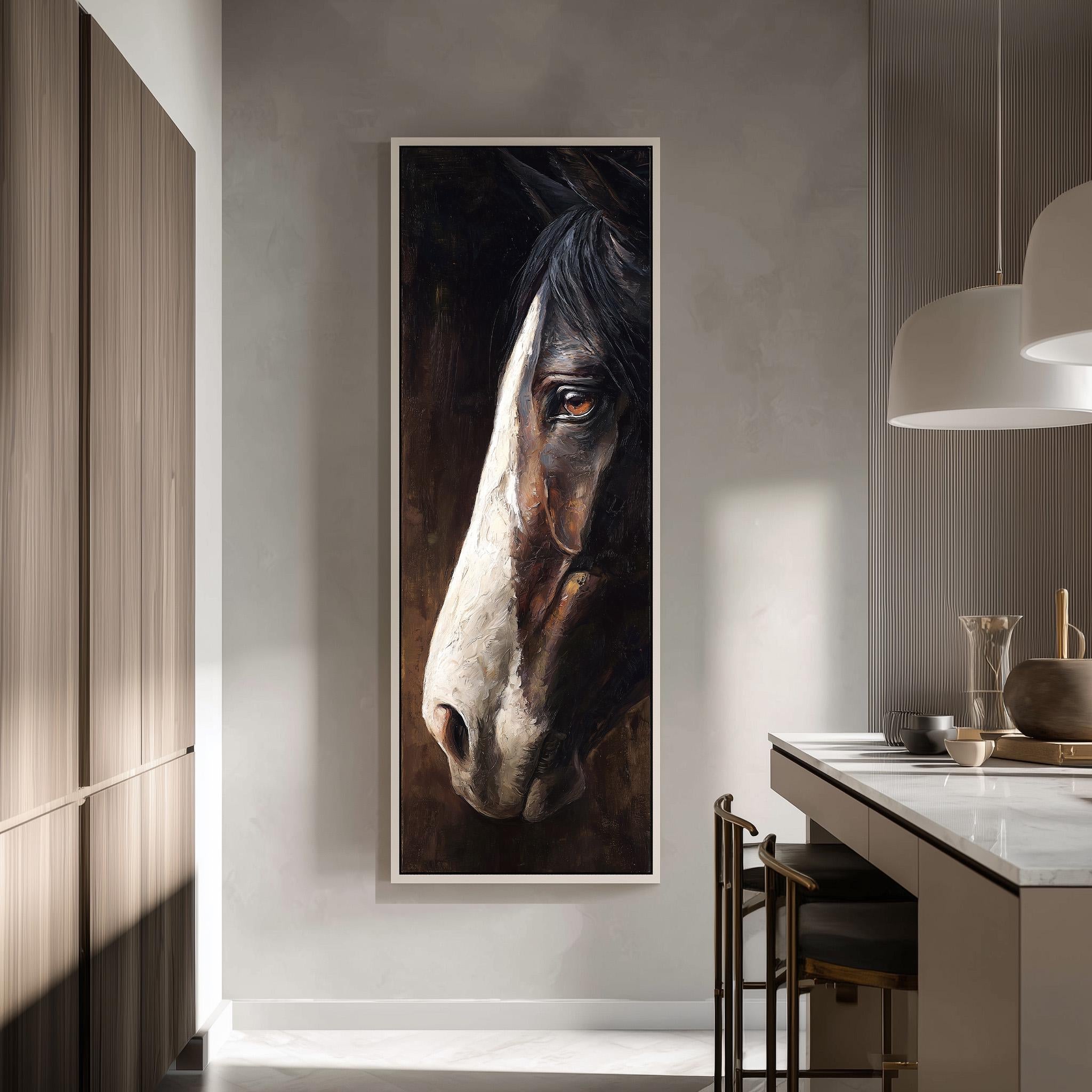 a large painting of a horse's face hanging on a wall in a modern, minimalist kitchen.