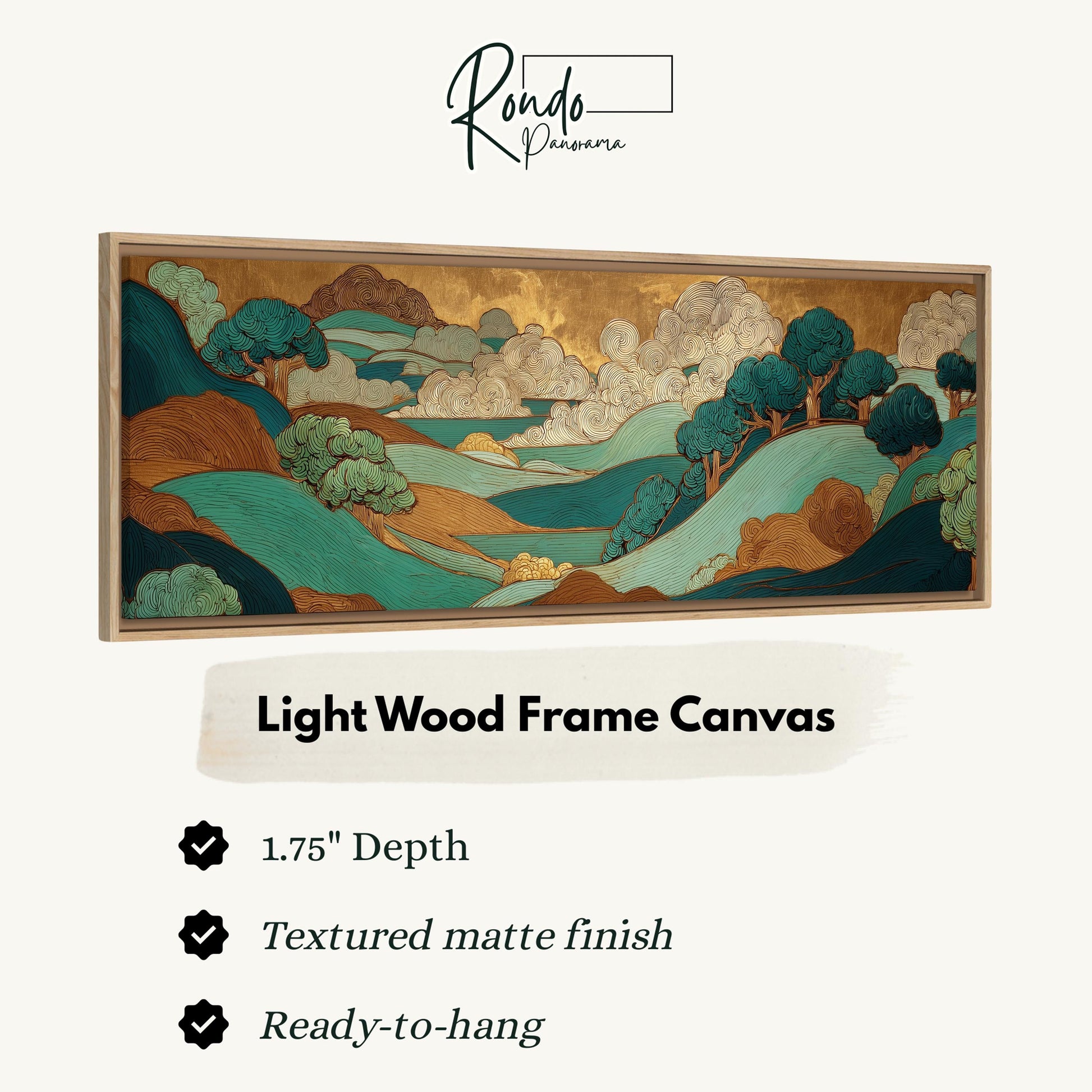 The image is a light wood frame canvas with a landscape scene depicting rolling hills, trees, and a body of water. The canvas has a 1.75" depth and is textured with a matte finish. It is ready to hang.