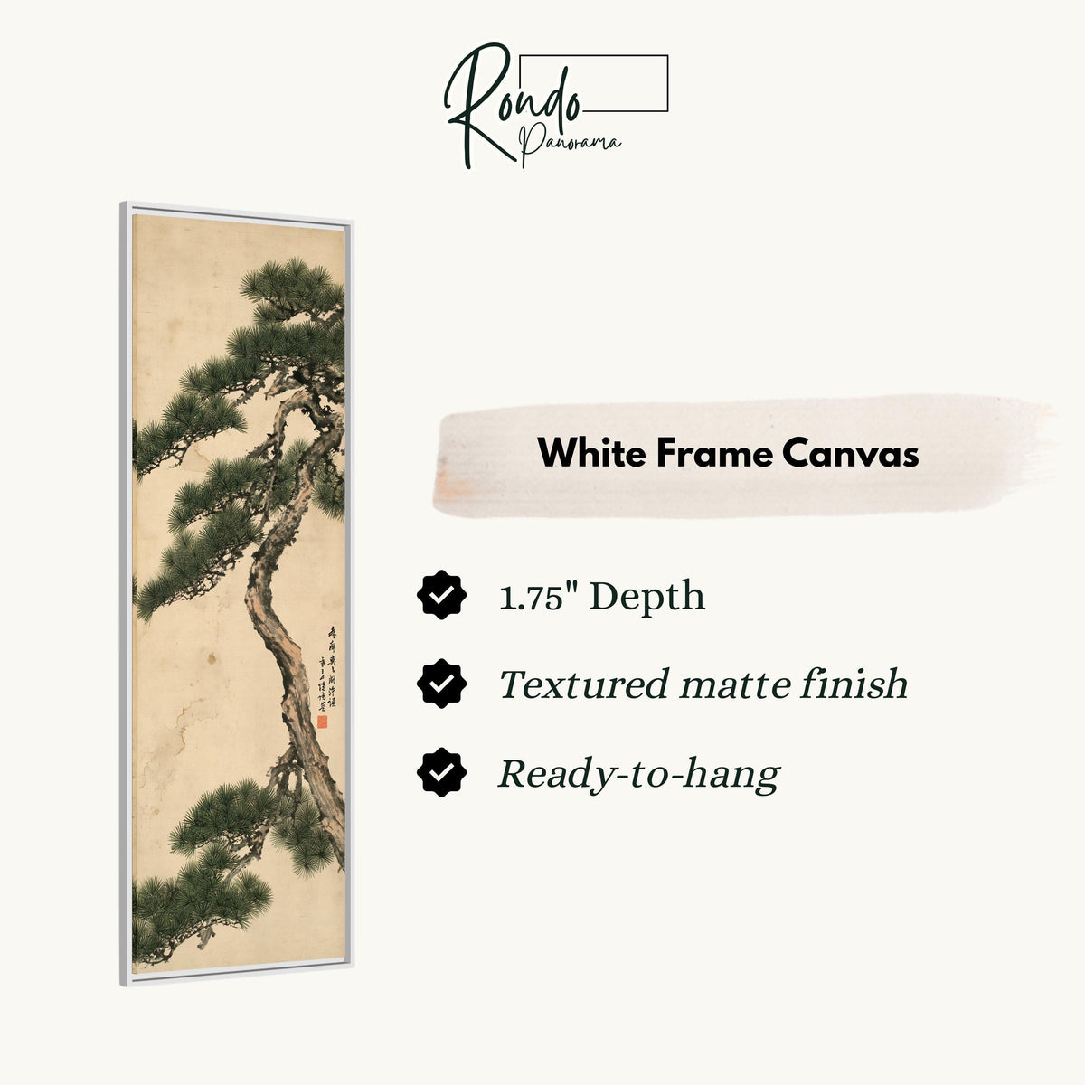 Twisting pine tree with calligraphy canvas print in a white floating frame