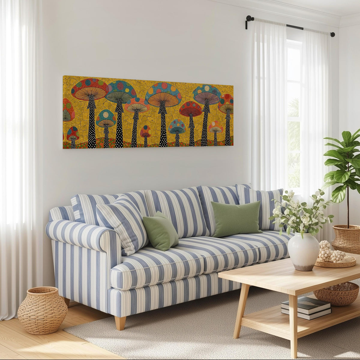 Polka dot mushrooms on gold long horizontal canvas print above a striped sofa in a coastal living room