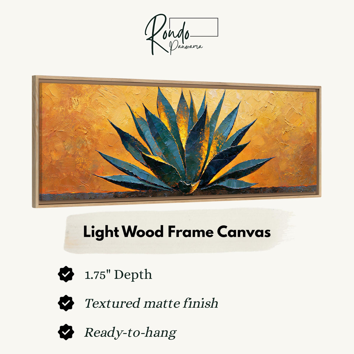 Blue agave on a textured gold background canvas print in a light wood floating frame