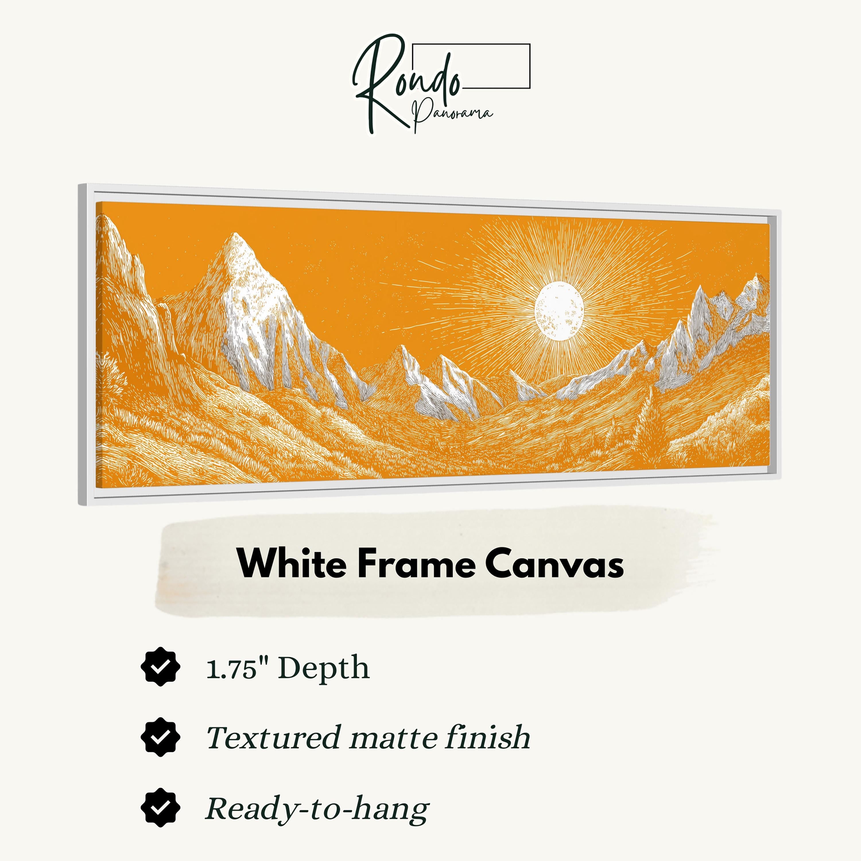 The image is a white frame canvas depicting a mountain landscape with a sun shining in the background.