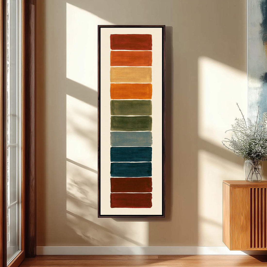 Stack of rust, teal and maroon swatches long vertical canvas print in a sunlit living space