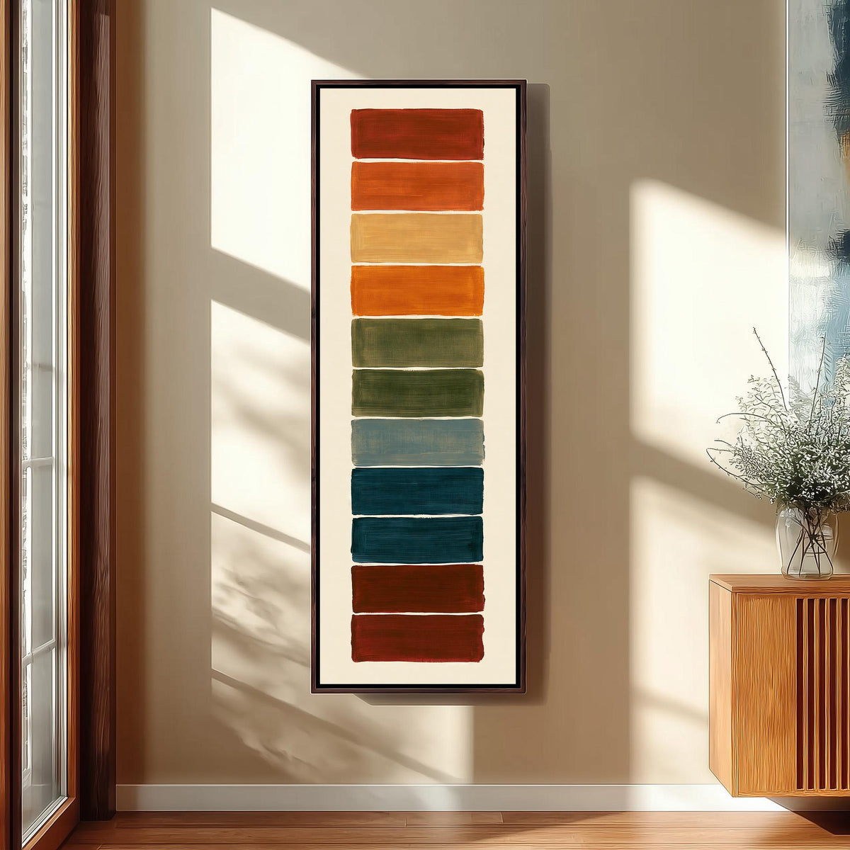 Stack of rust, teal and maroon swatches tall skinny canvas print in a sunlit living space