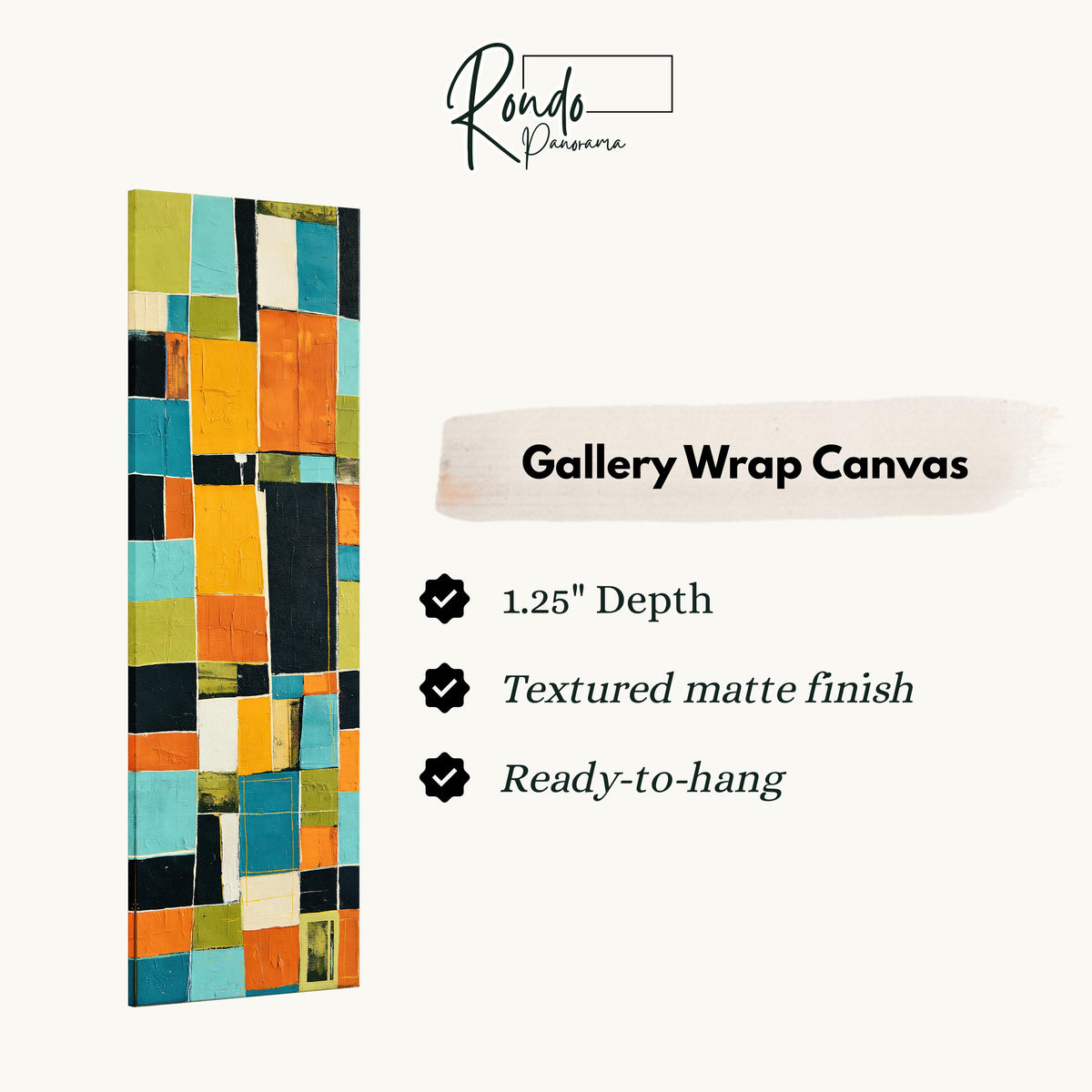 Bold mustard and teal patchwork blocks gallery wrap canvas with the image wrapped around the edges