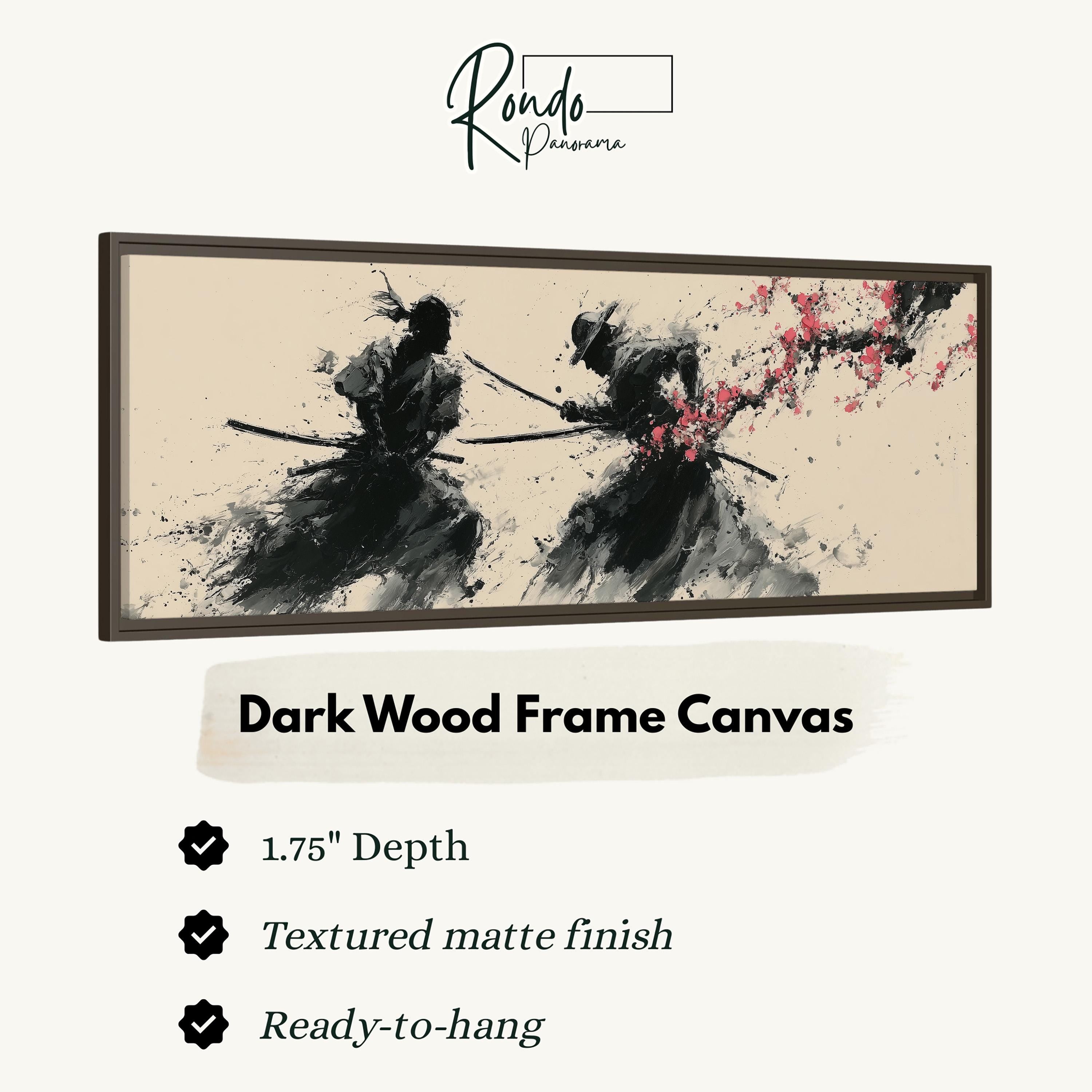 a dark wood frame canvas depicting two figures wielding swords, with a background of pink and black ink splatters.