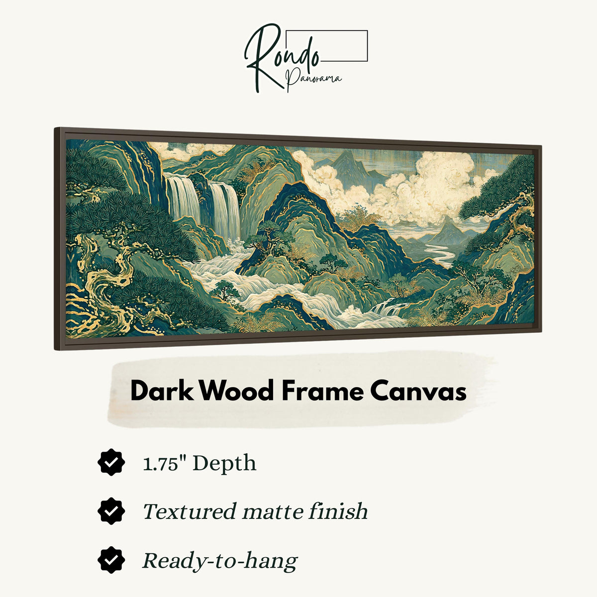 Emerald waterfall mountains with gold lines canvas print in a dark wood floating frame