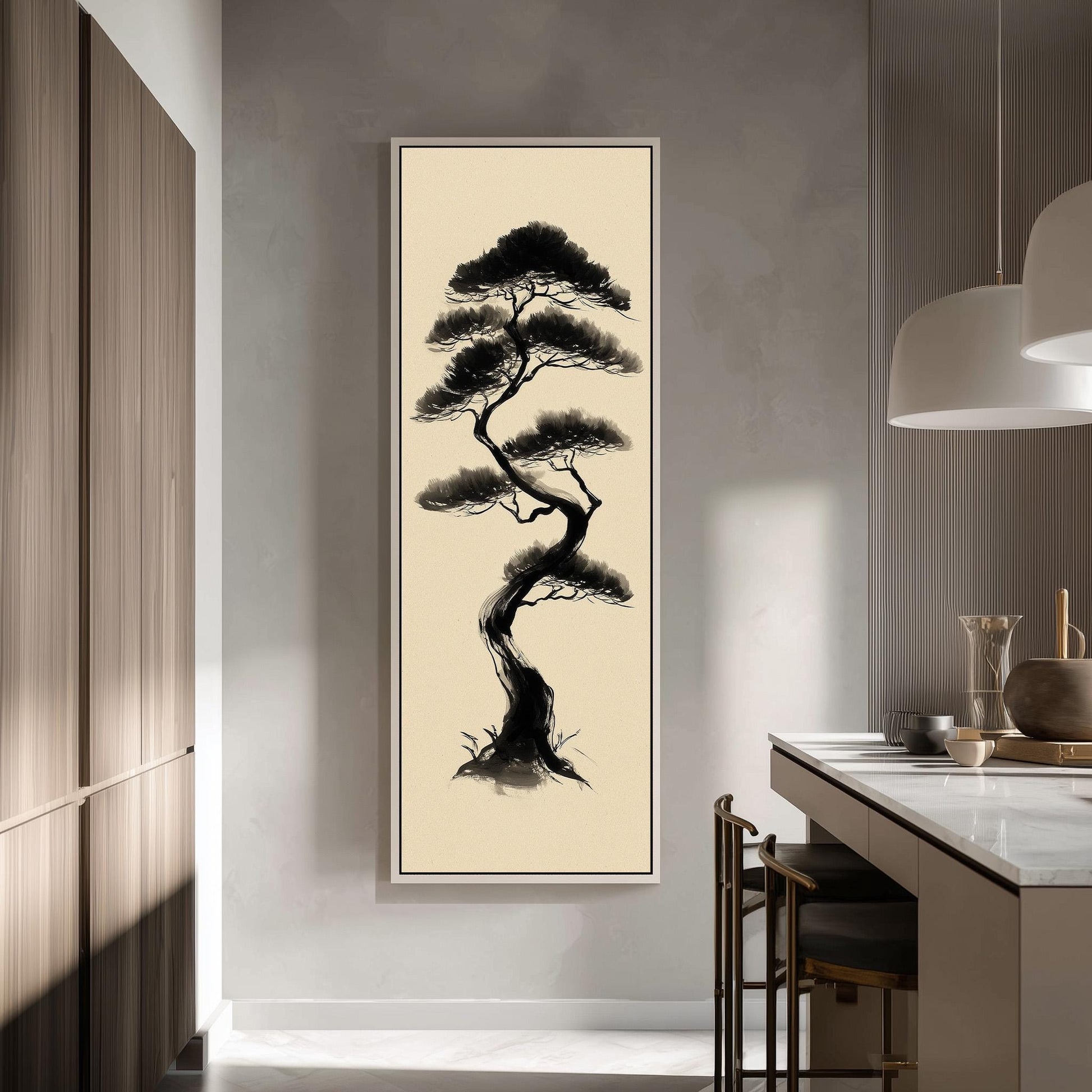 a large black and white painting of a bonsai tree hanging on a wall in a modern kitchen.