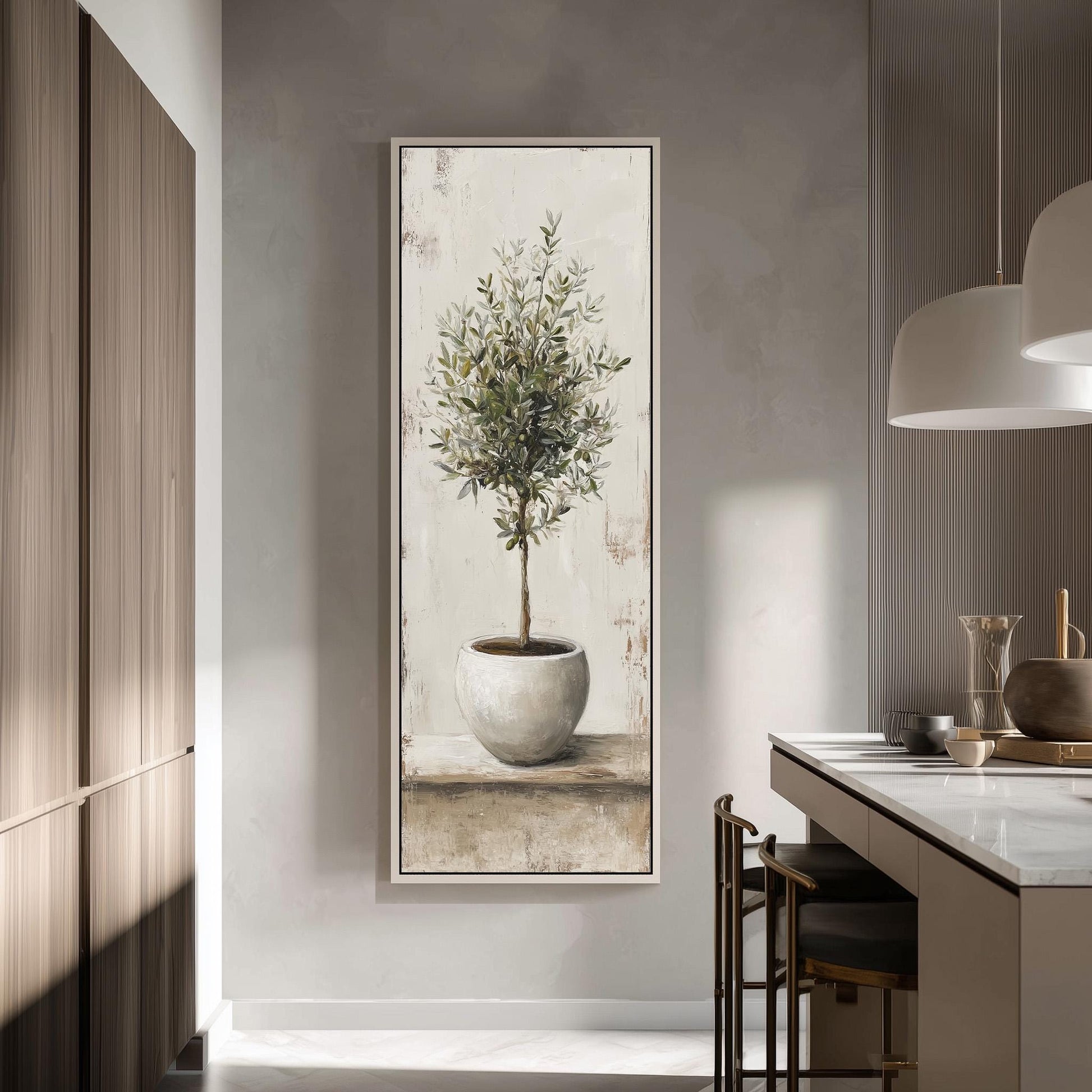 a large painting of a potted plant hanging on a wall in a modern kitchen.