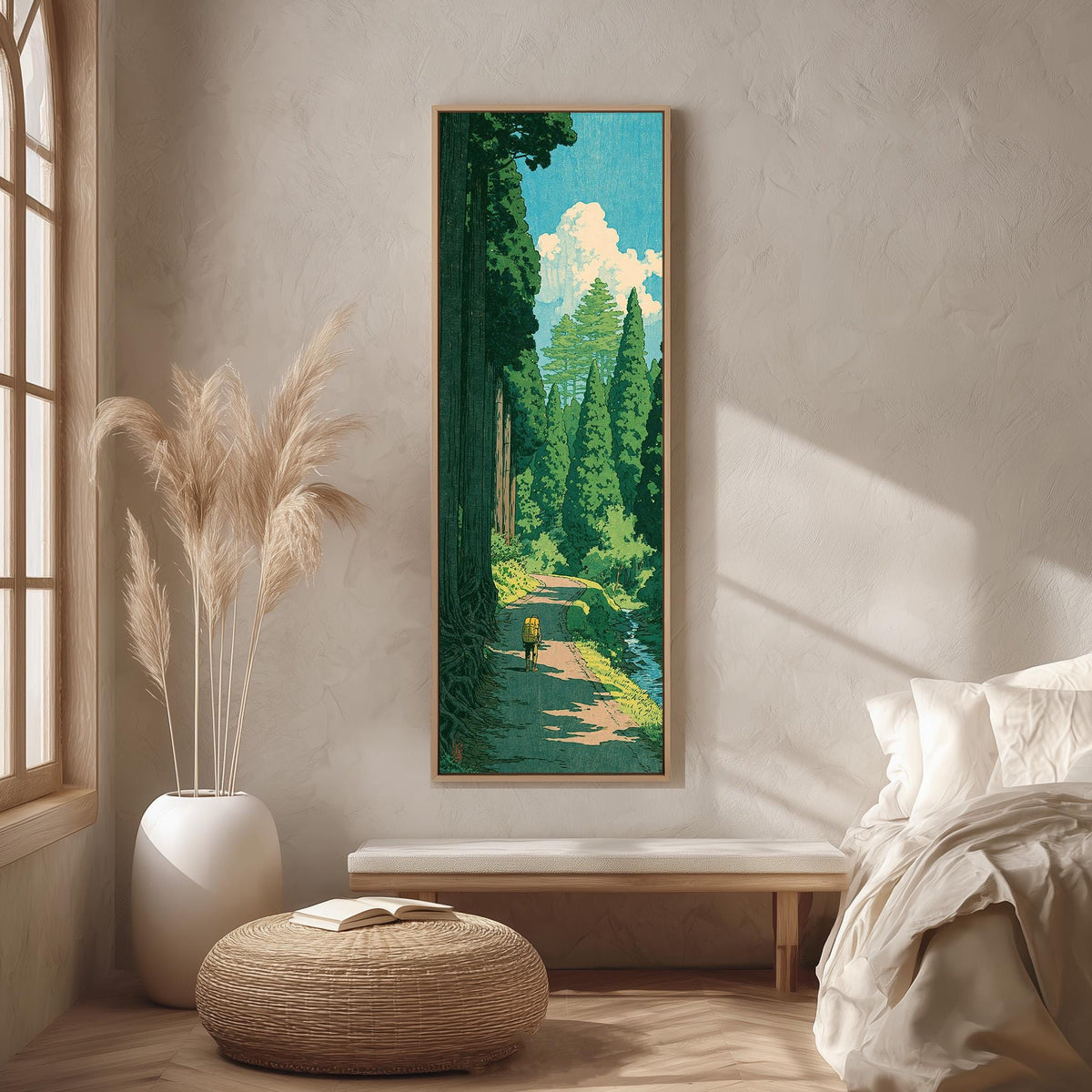 Hiker on a forest trail in a woodblock style long vertical canvas print in a bright reading corner