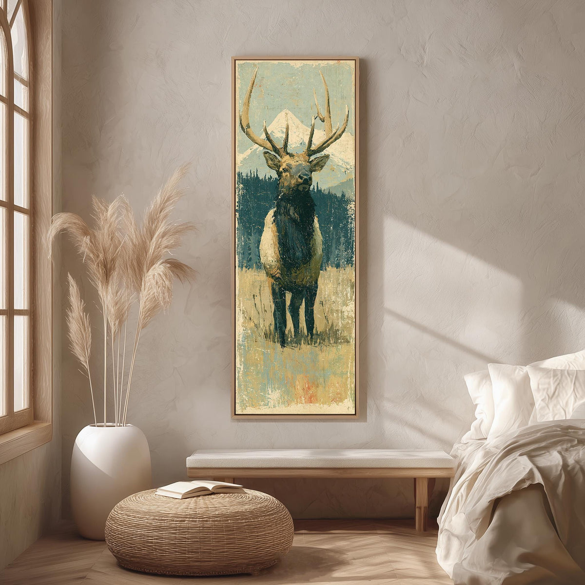 Rustic elk standing in an alpine meadow long vertical canvas print in a bright reading corner