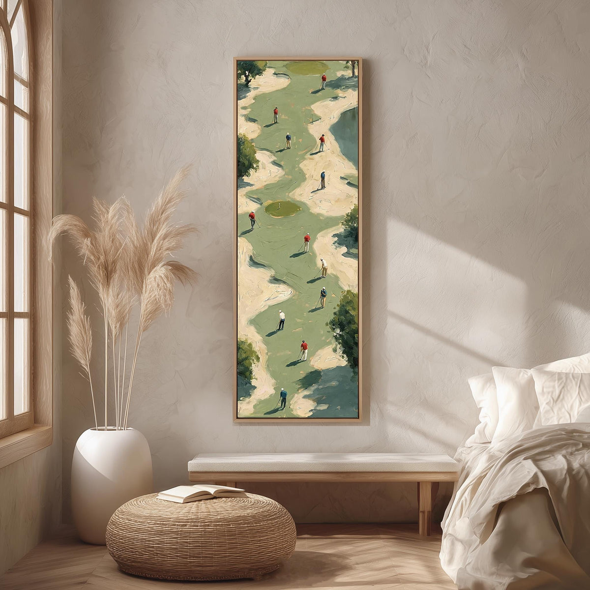 Golfers among sand bunkers seen from above long vertical canvas print in a bright reading corner
