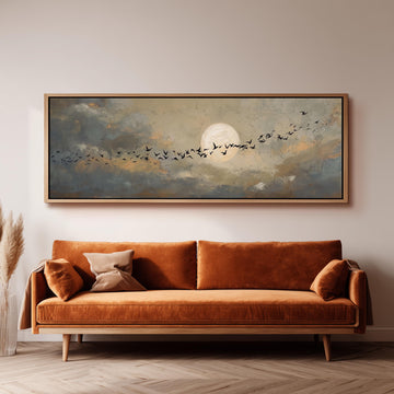 a large painting of a flock of birds flying across a cloudy sky with a full moon in the background.