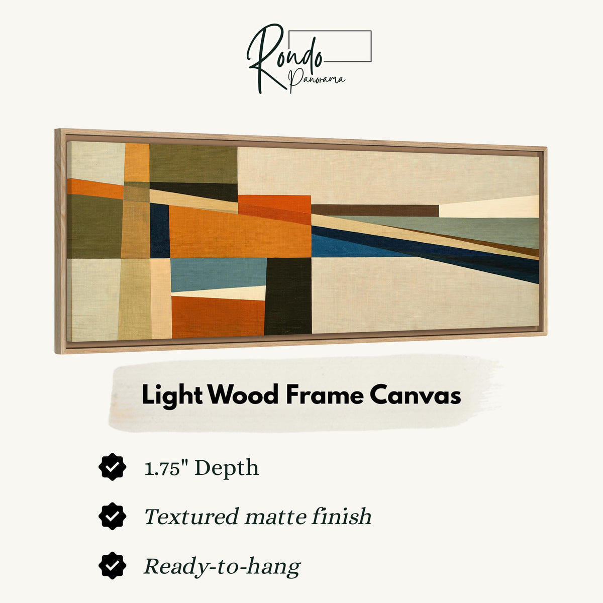 Olive and rust geometric blocks canvas print in a light wood floating frame