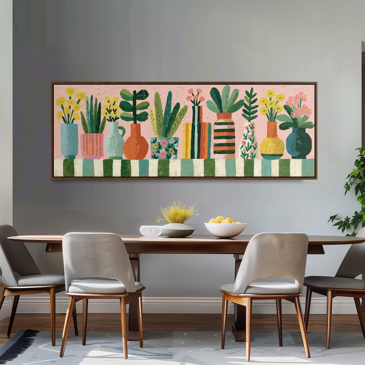 Row of boho potted plants long horizontal canvas print above a dining table