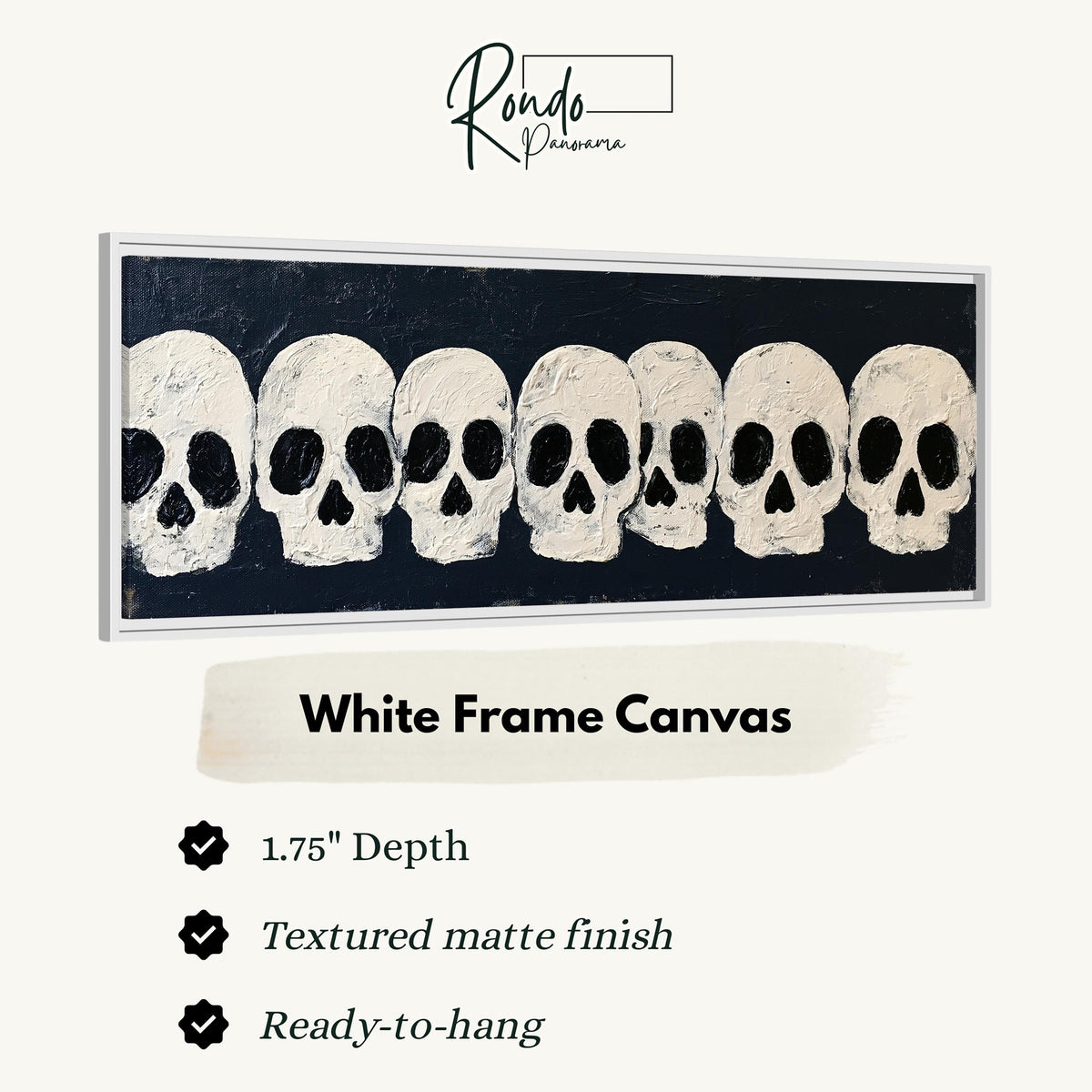 Row of white skulls on navy canvas print in a white floating frame