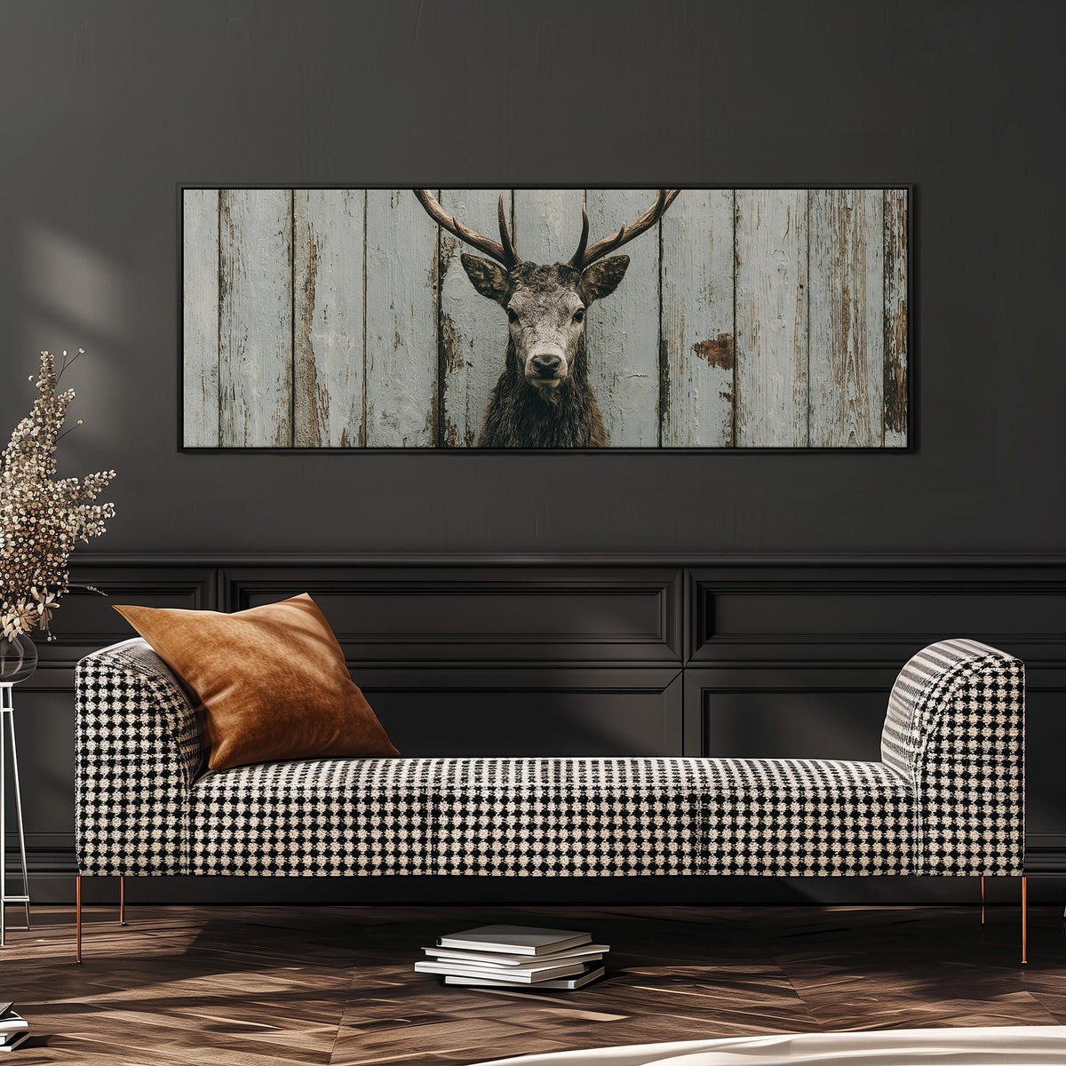 Monochrome stag on barn wood wide panoramic canvas print above a bench in a dark living room