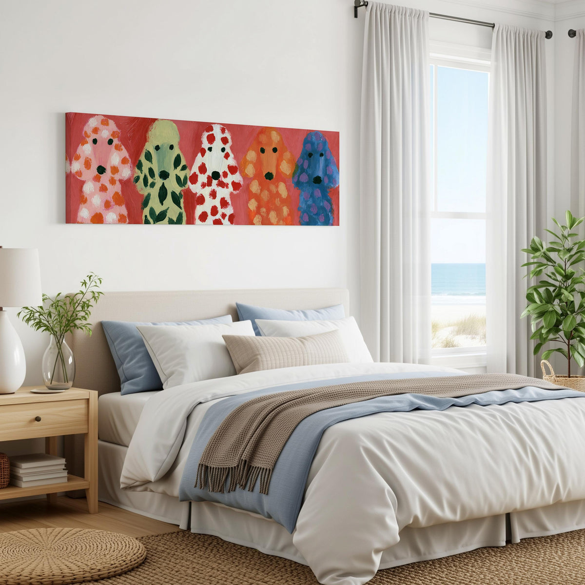 Five colorful poodles panoramic canvas print above a bed in a coastal bedroom
