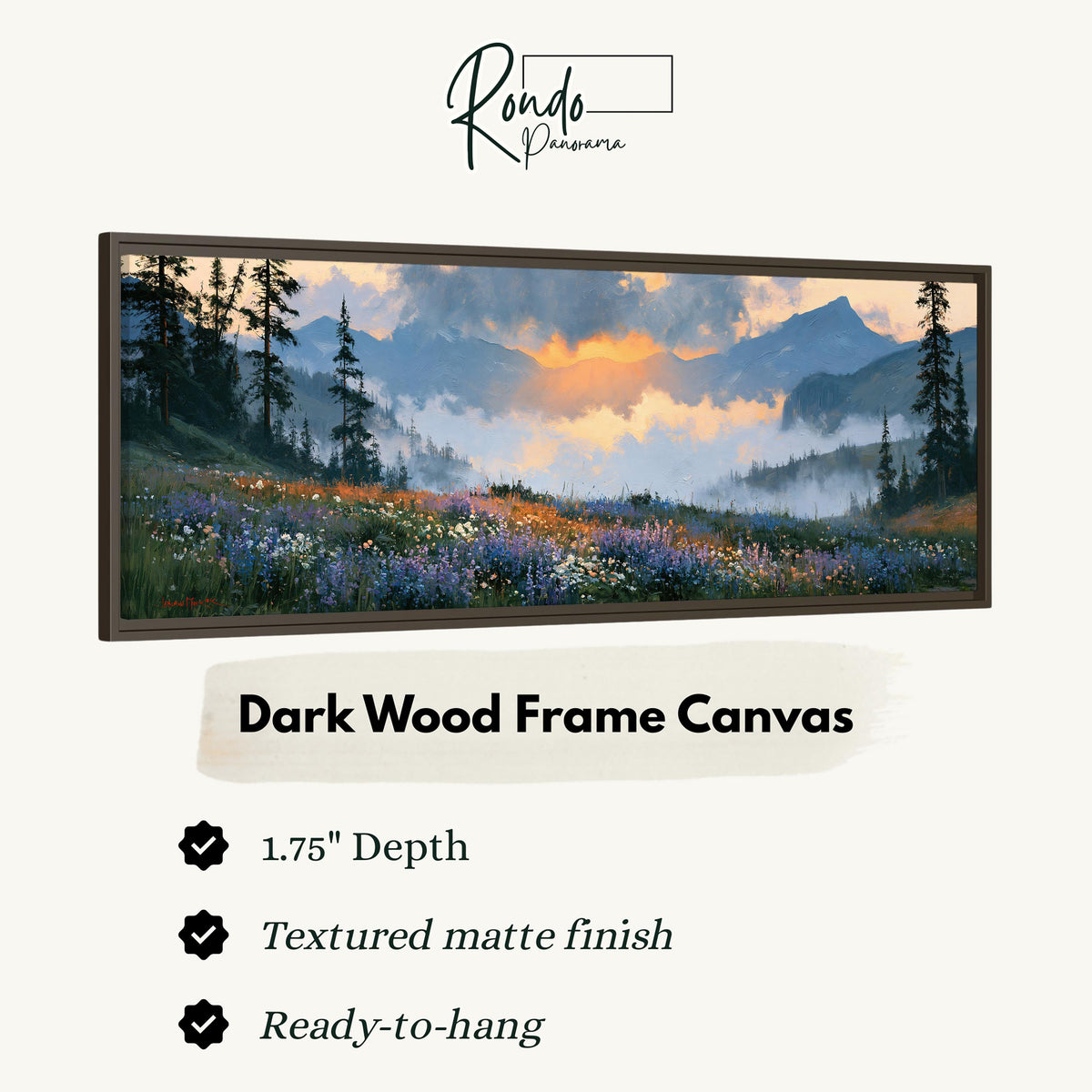 Alpine wildflower meadow at sunset canvas print in a dark wood floating frame