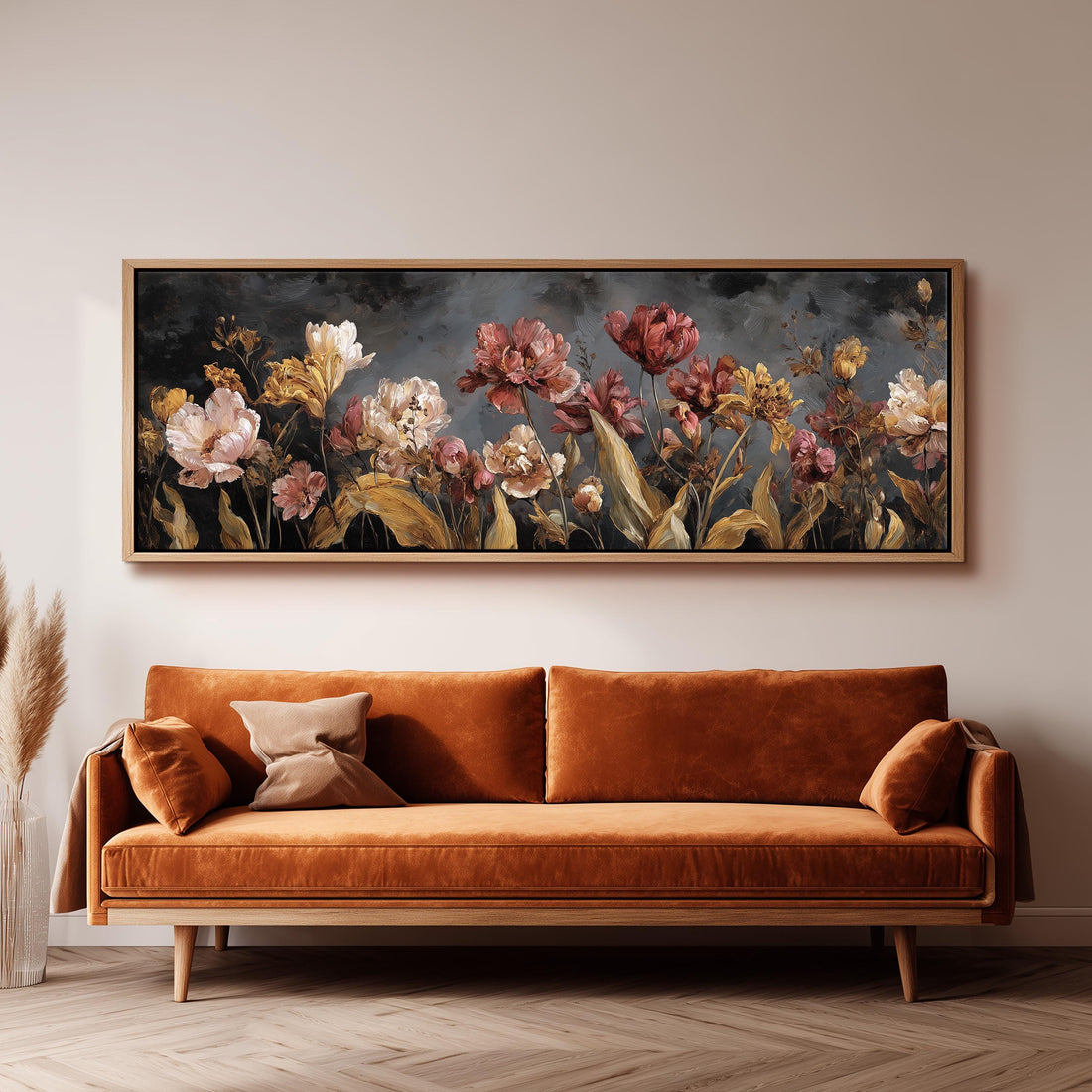 a large, framed painting of a field of flowers hanging on a wall above a black and white checkered sofa.
