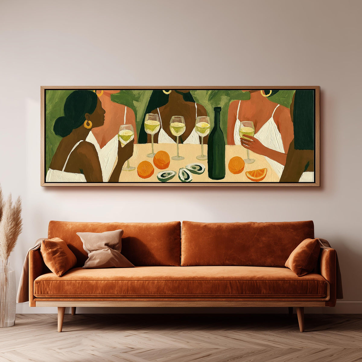 Friends toasting with white wine long horizontal canvas print above a sofa in a living room