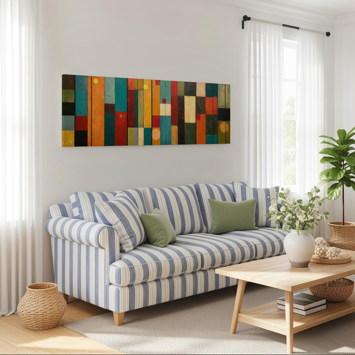 Color block panels with dots long horizontal canvas print above a striped sofa in a coastal living room