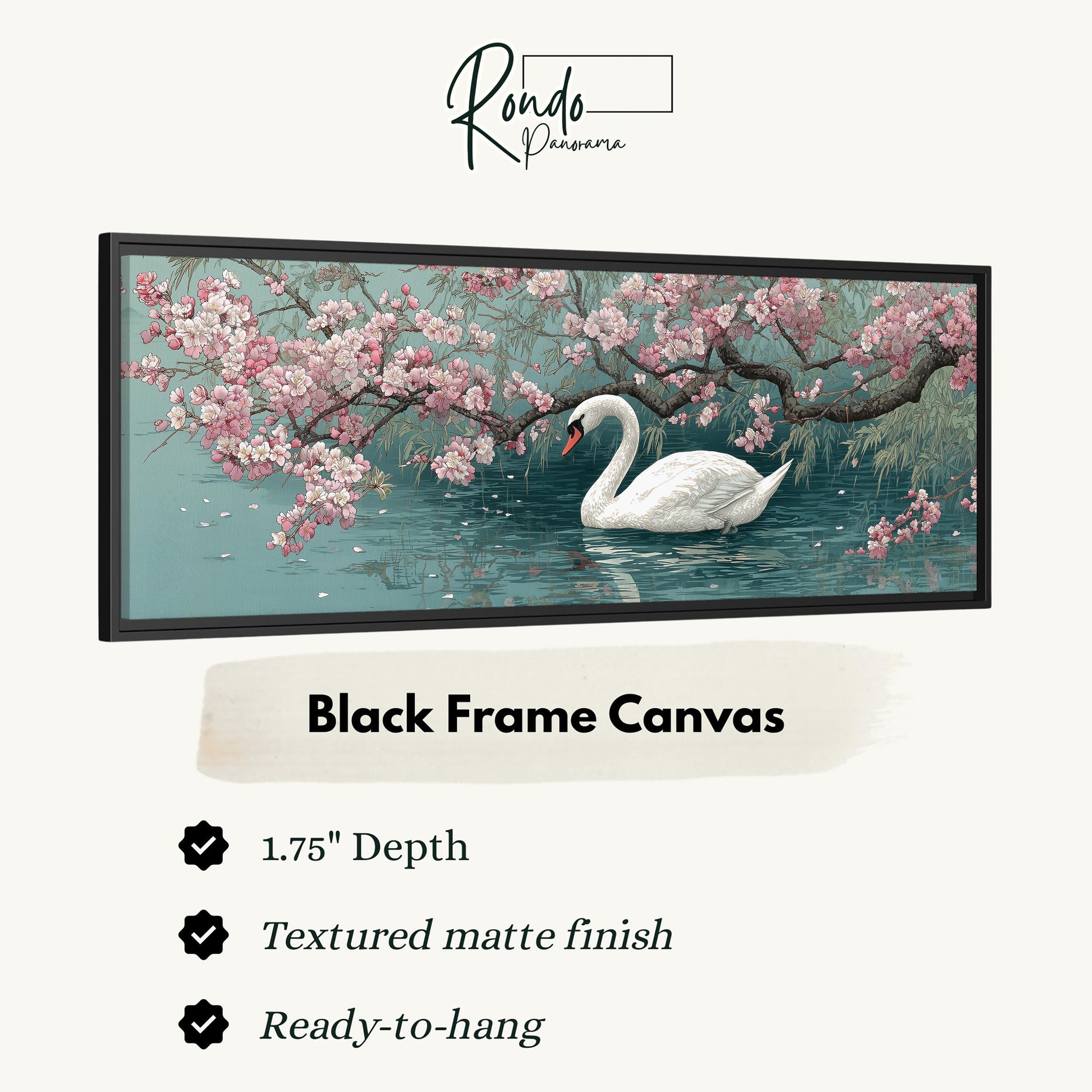 A framed artwork depicting a swan swimming in a pond with pink flowers and branches.