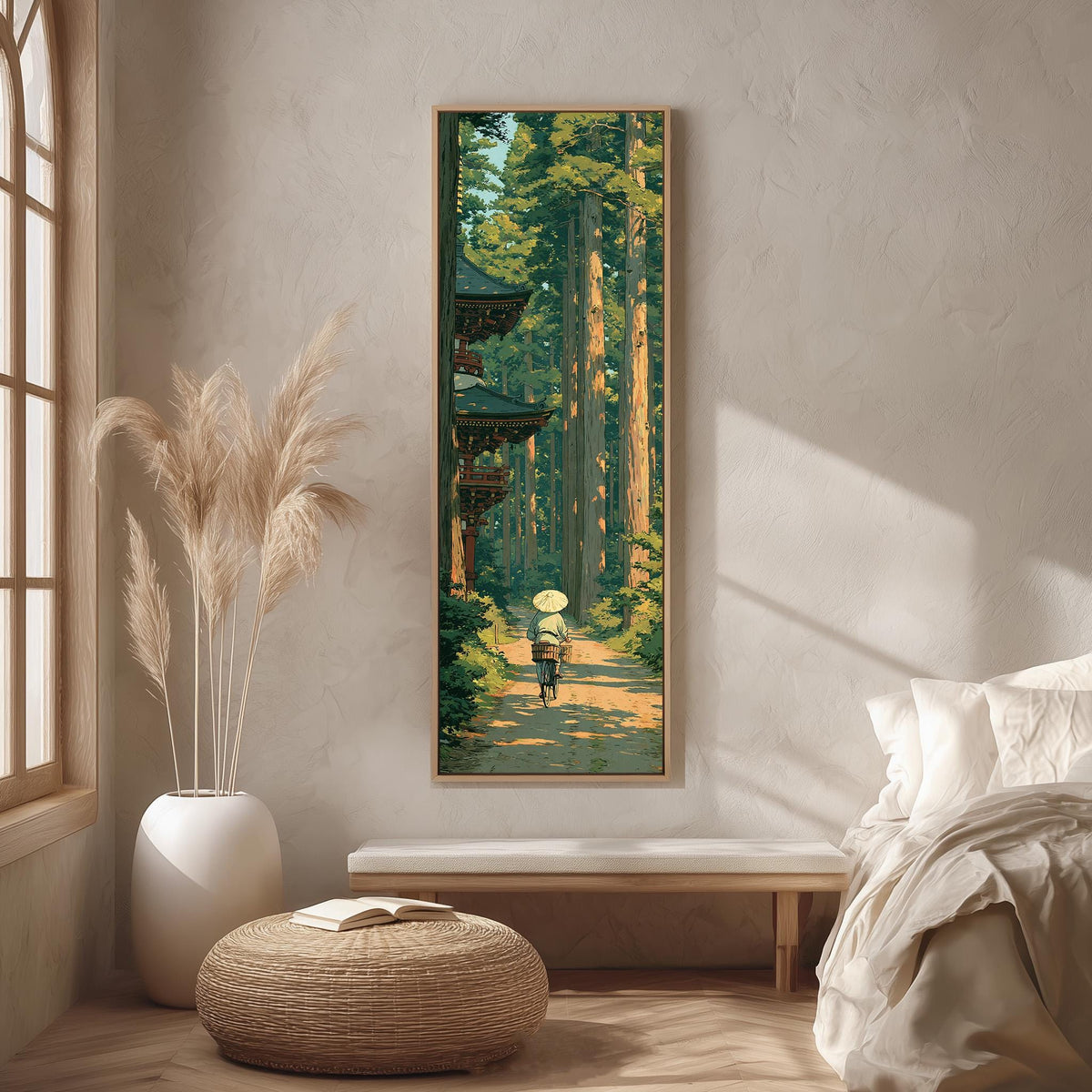 Walker on a cedar forest path by a pagoda long vertical canvas print in a bright reading corner