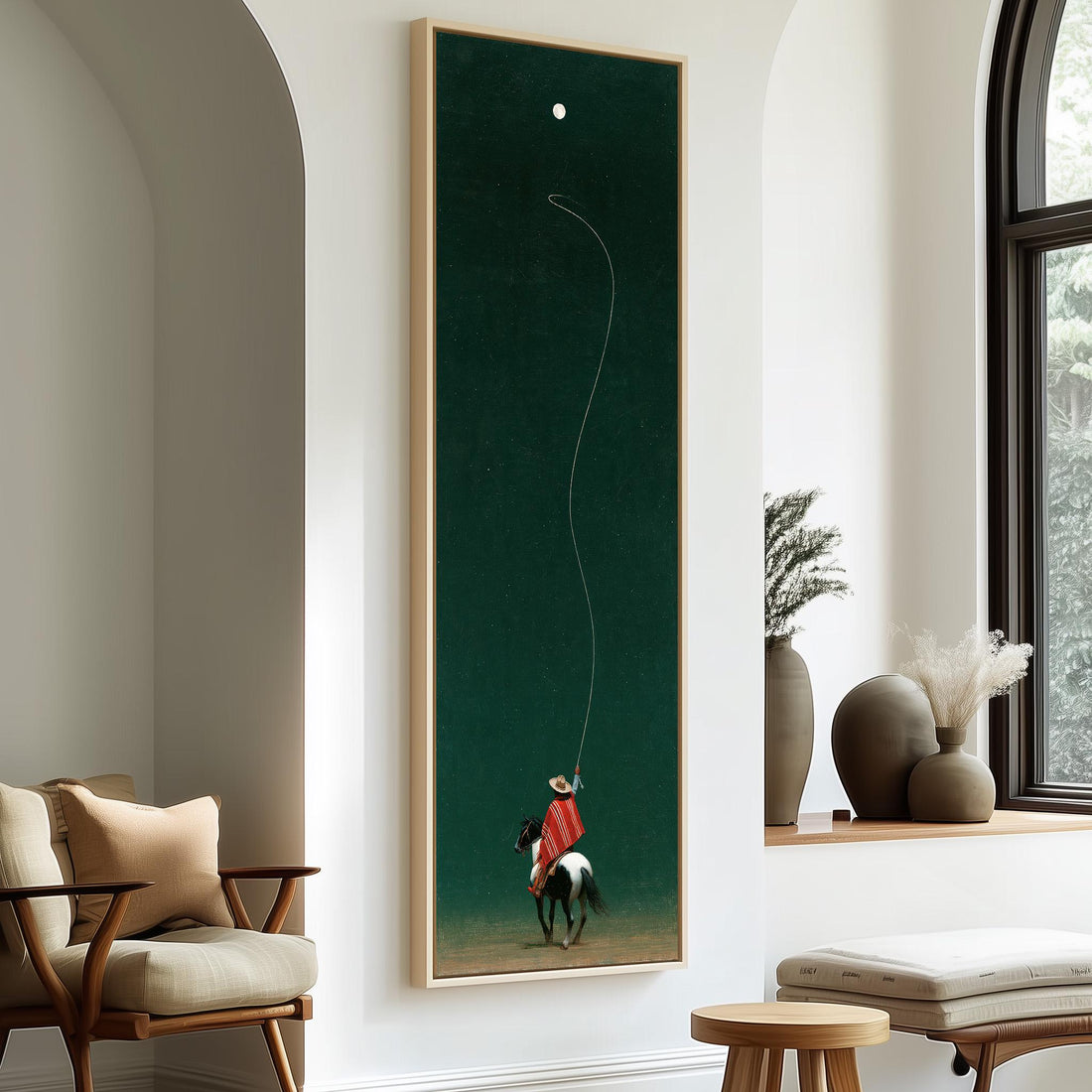 Cowboy throwing a lasso toward the moon long vertical canvas print in a sunlit living space