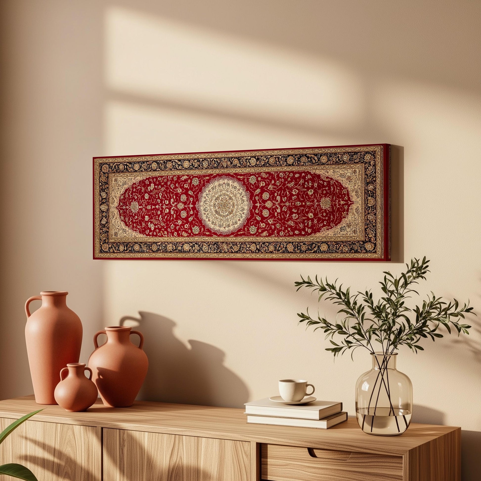 a wooden cabinet with a red and gold rug hanging on the wall above it, along with three orange vases and a glass vase with greenery.