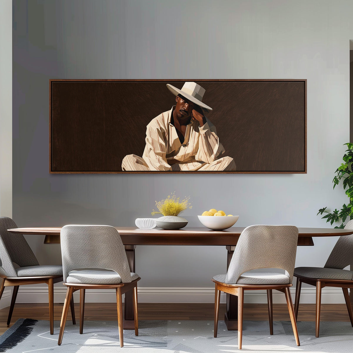 Pensive man in a white hat on brown long horizontal canvas print above a dining table