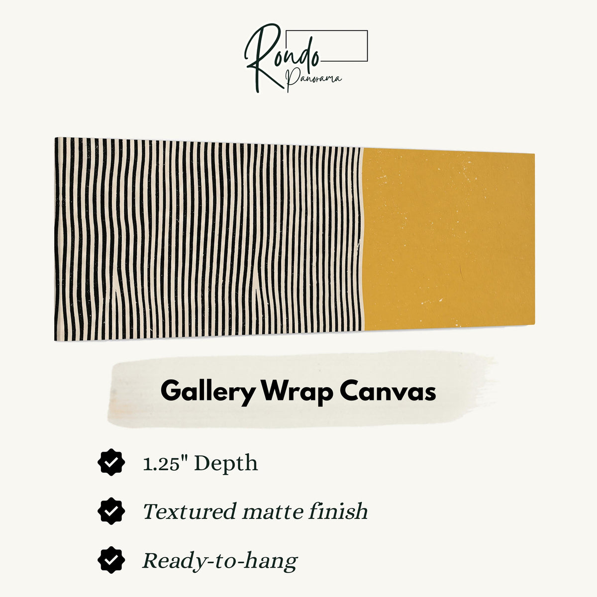 Black wavy stripes beside a mustard block gallery wrap canvas with the image wrapped around the edges