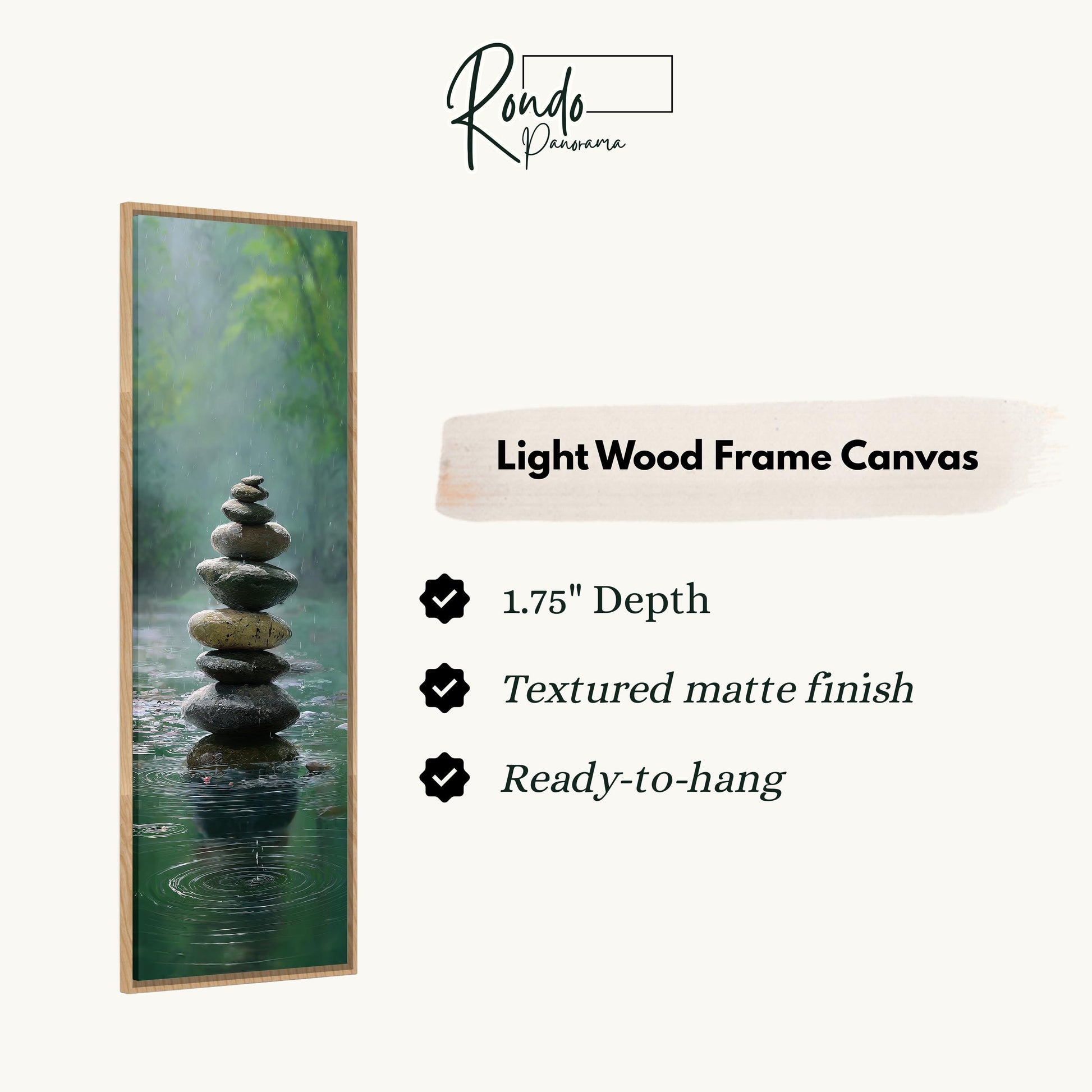 a light wood frame canvas with a stone stack in a body of water, creating a serene and calming scene.