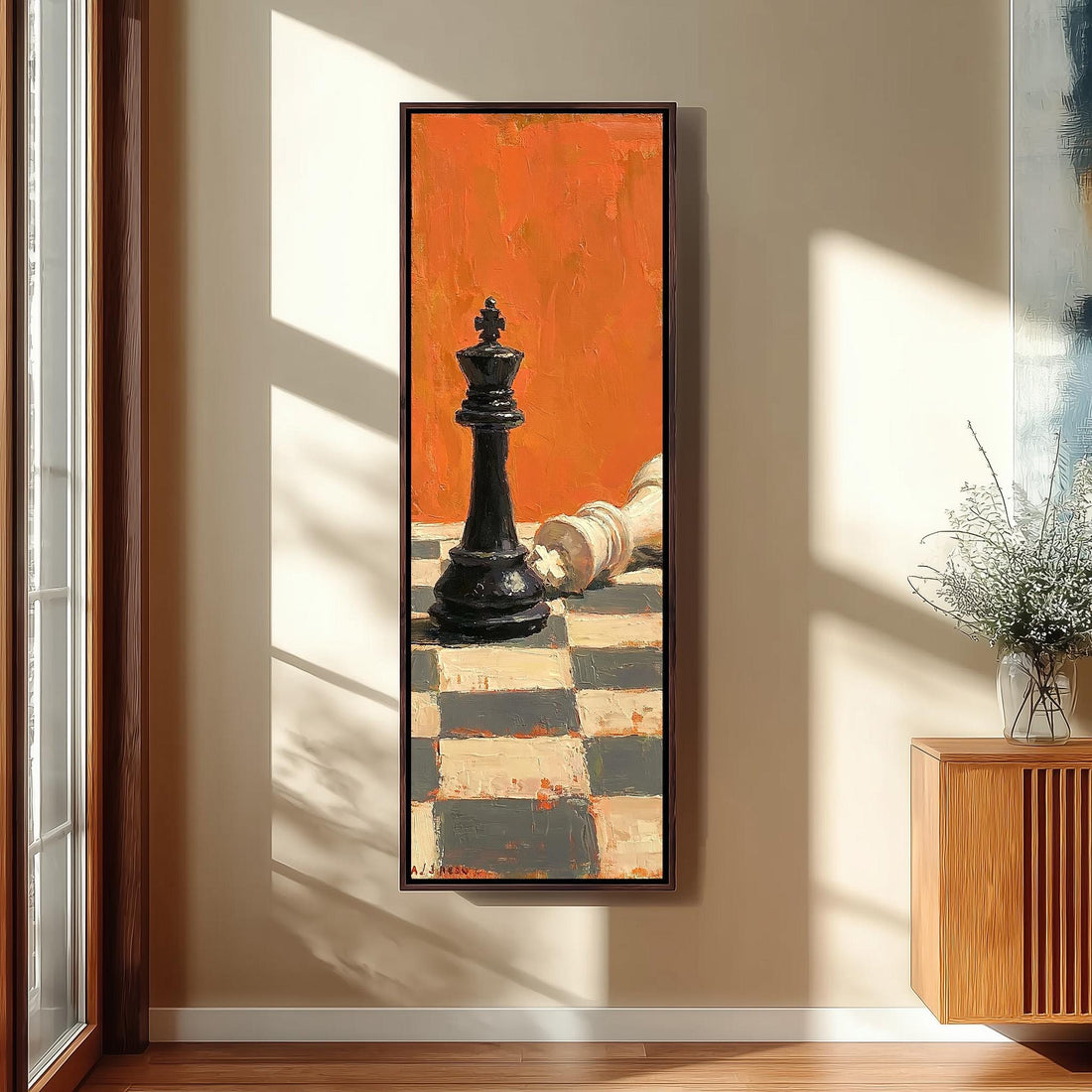 Black chess king standing over a fallen piece long vertical canvas print in a sunlit living space