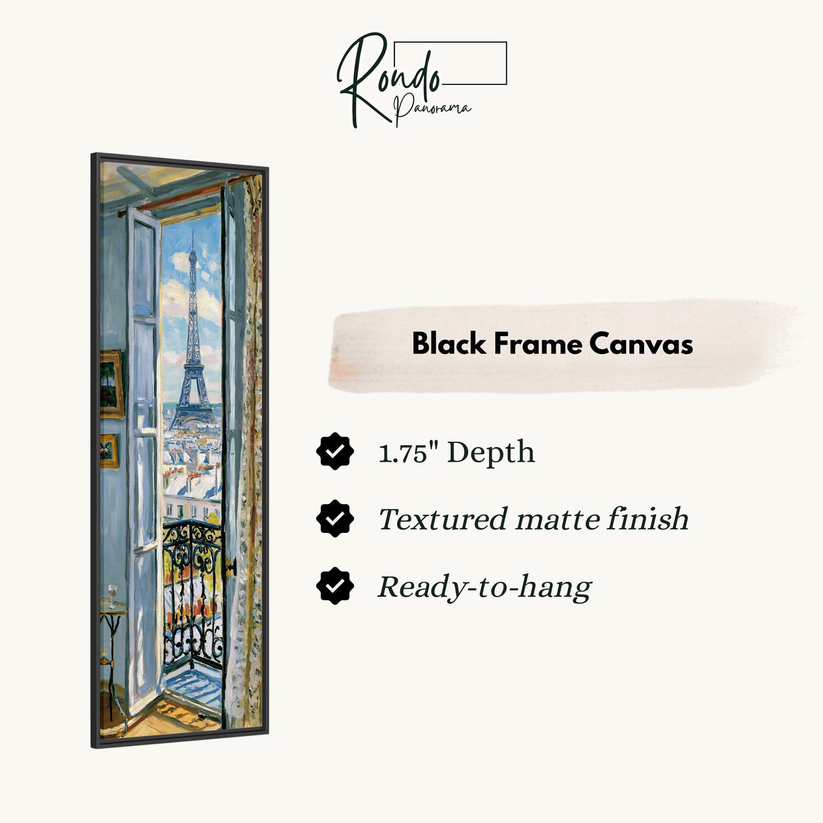 Eiffel Tower through a tall blue window canvas print in a black floating frame