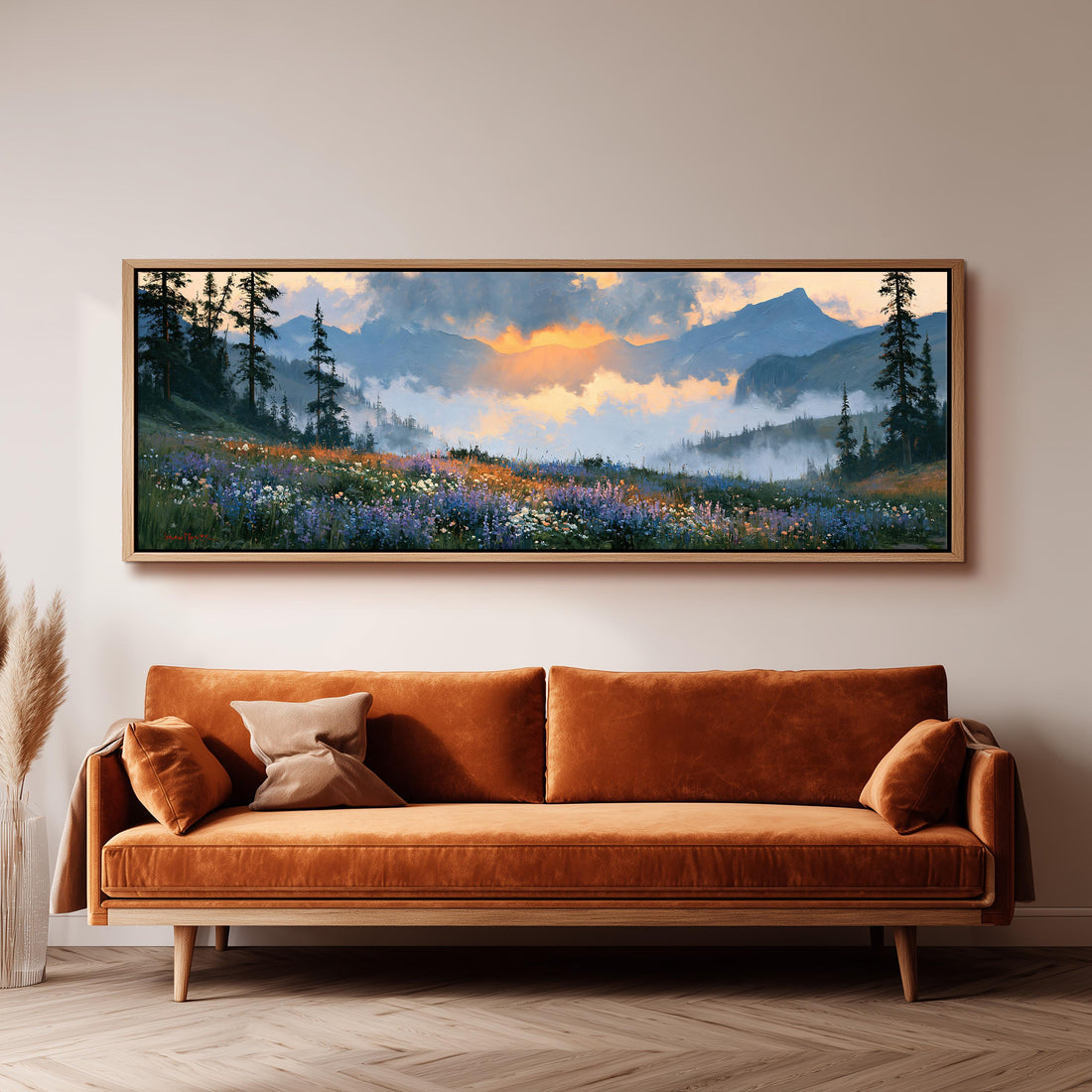 Alpine wildflower meadow at sunset long horizontal canvas print above a sofa in a living room