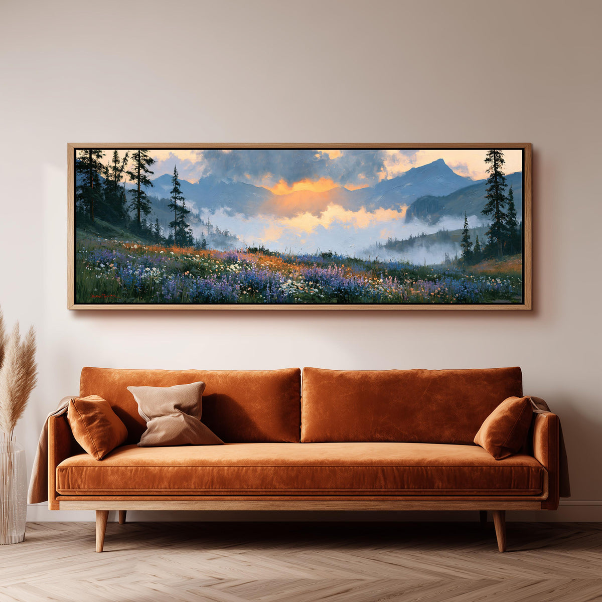 Alpine wildflower meadow at sunset long horizontal canvas print above a sofa in a living room