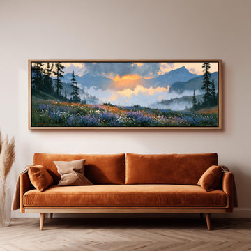 Alpine wildflower meadow at sunset long horizontal canvas print above a sofa in a living room