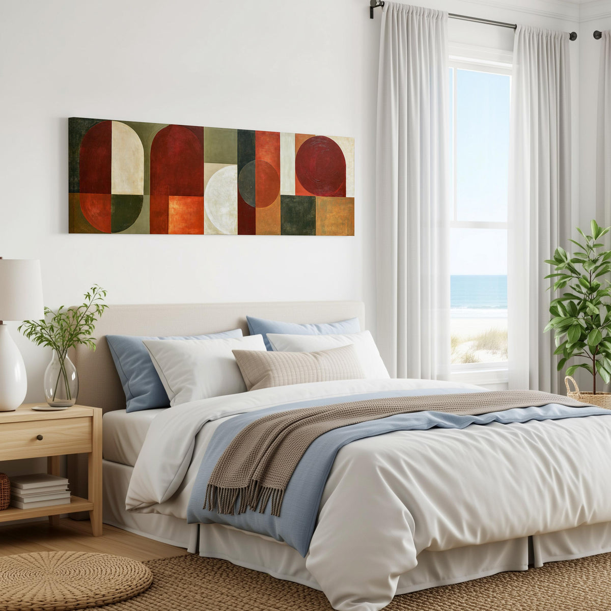 Maroon and olive geometric arches panoramic canvas print above a bed in a coastal bedroom