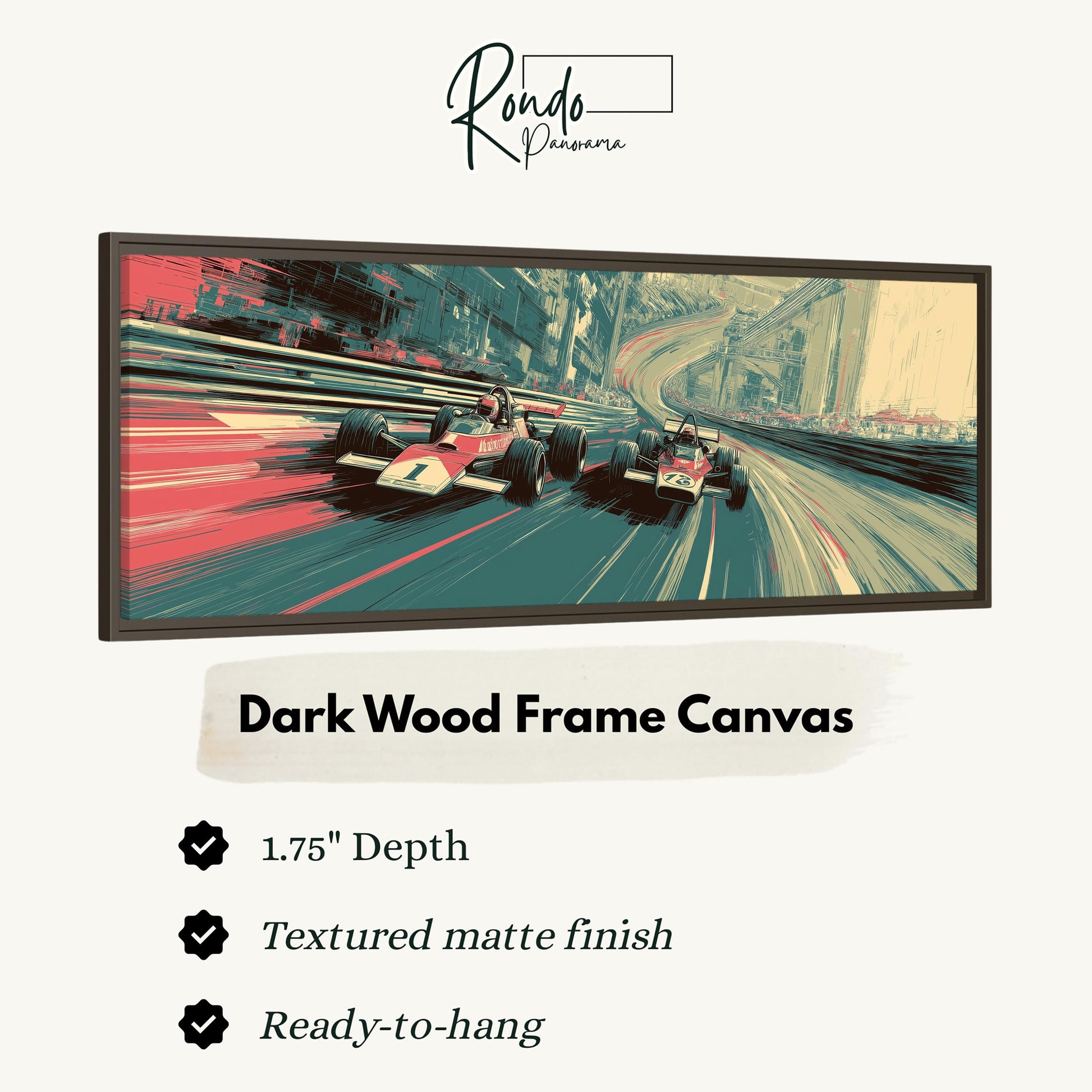 The image is a framed artwork depicting two Formula One race cars speeding down a curvy track.