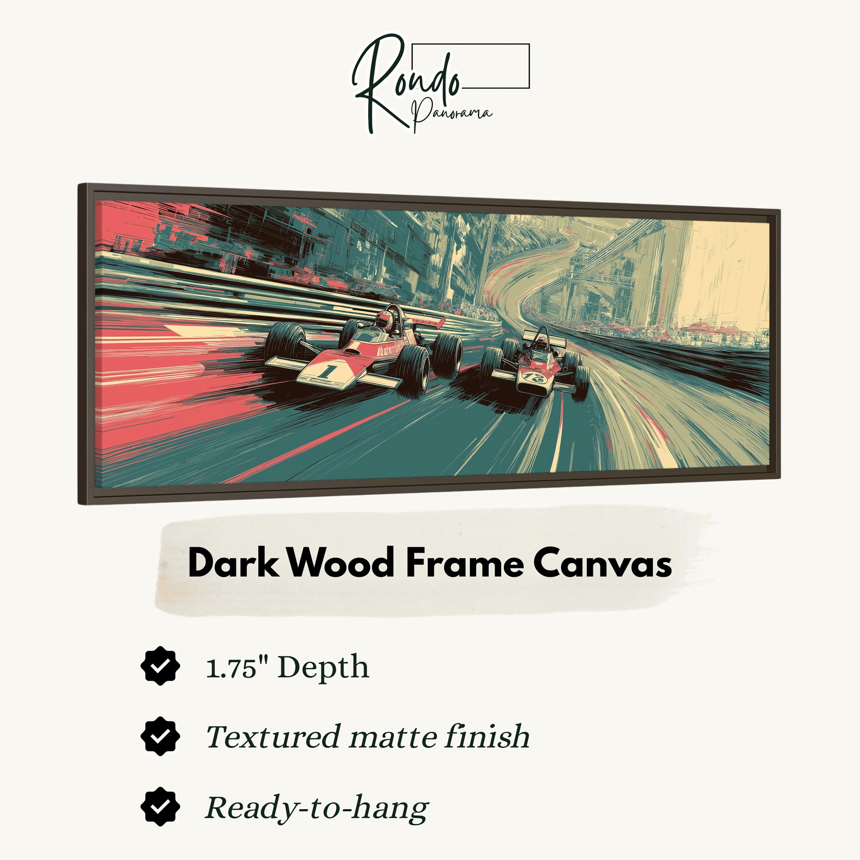 The image is a framed artwork depicting two Formula One race cars speeding down a curvy track.