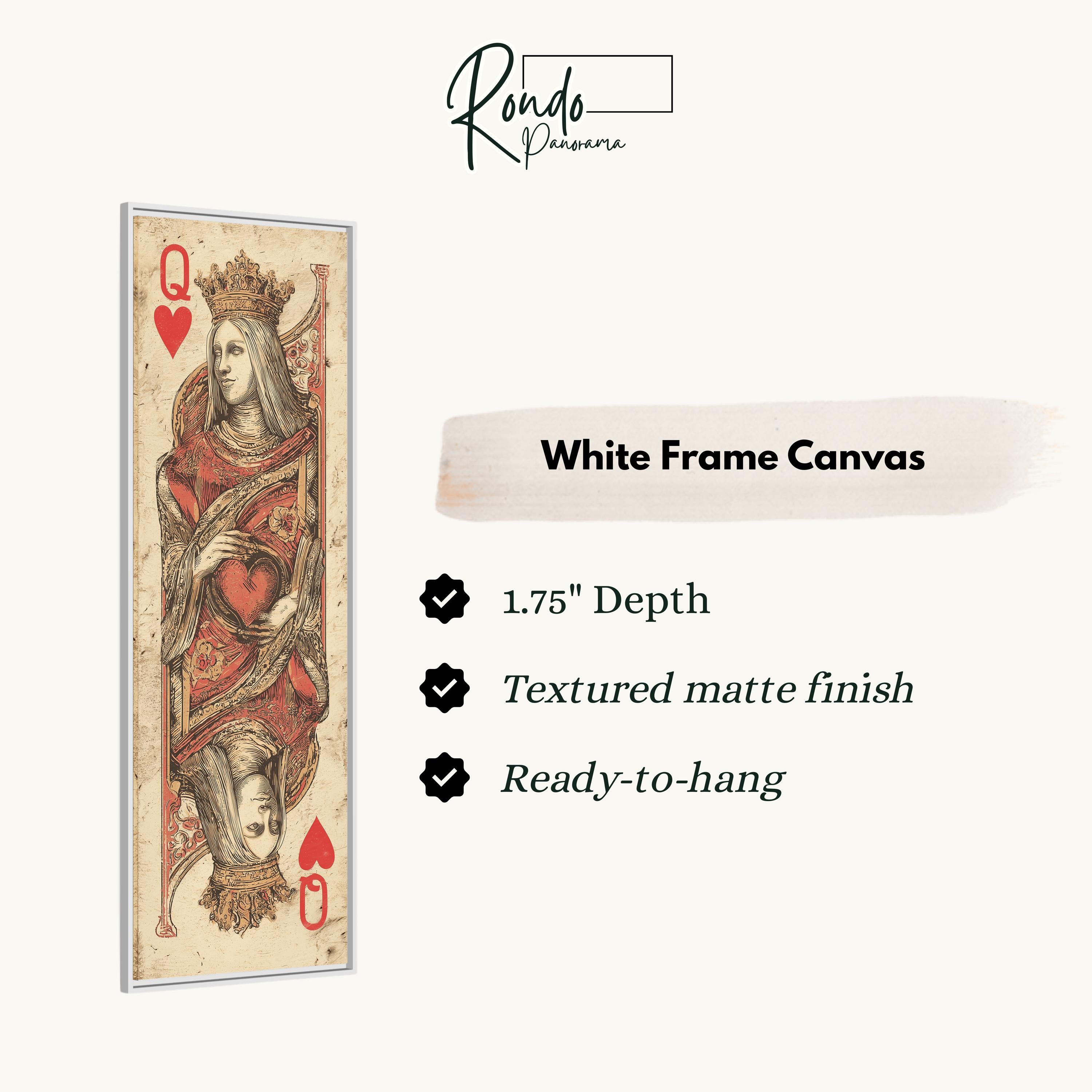a white frame canvas depicting a Queen of Hearts playing card.