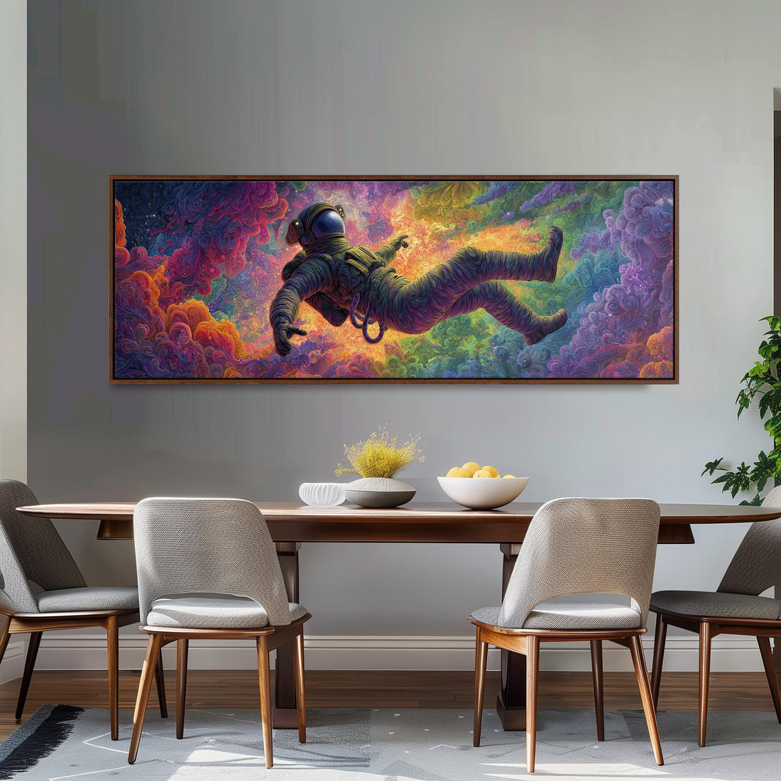 a large, colorful painting of an astronaut floating in space, hanging on a wall above a black and white checkered sofa.