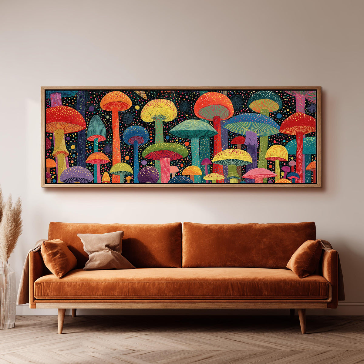 Colorful dotted mushrooms at midnight long horizontal canvas print above a sofa in a living room